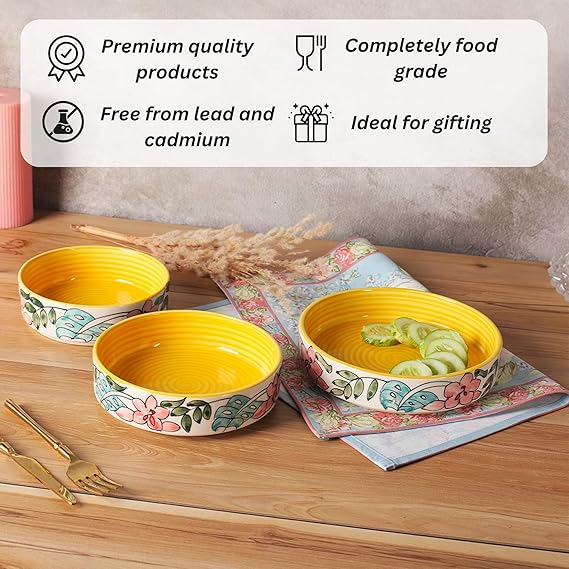 Yellow flower print salad bowl set of 3