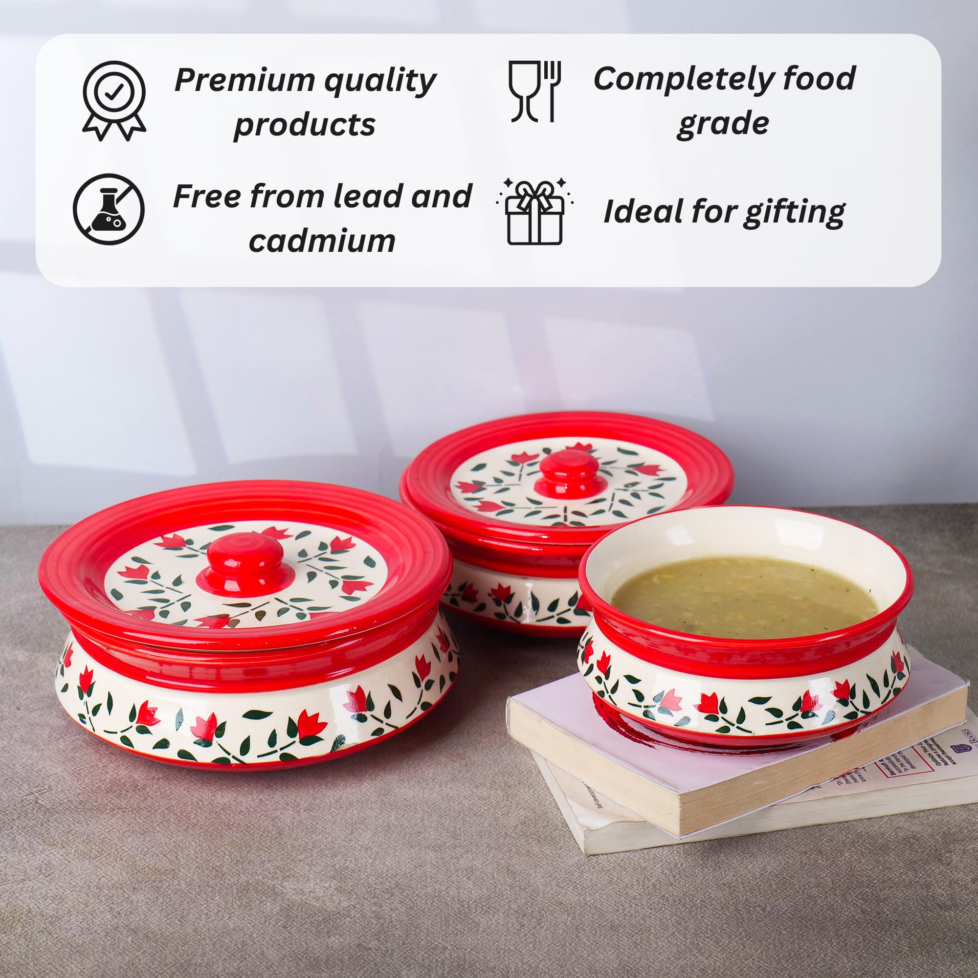 Red leaf printed casserole set of 3