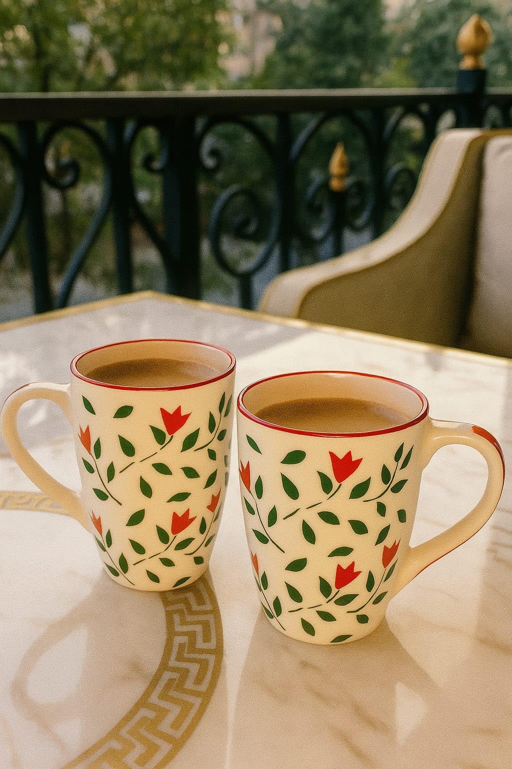 Red Floral & Green Leaf Design Ceramic Coffee Mug, 300 ML Each (Set of 2)