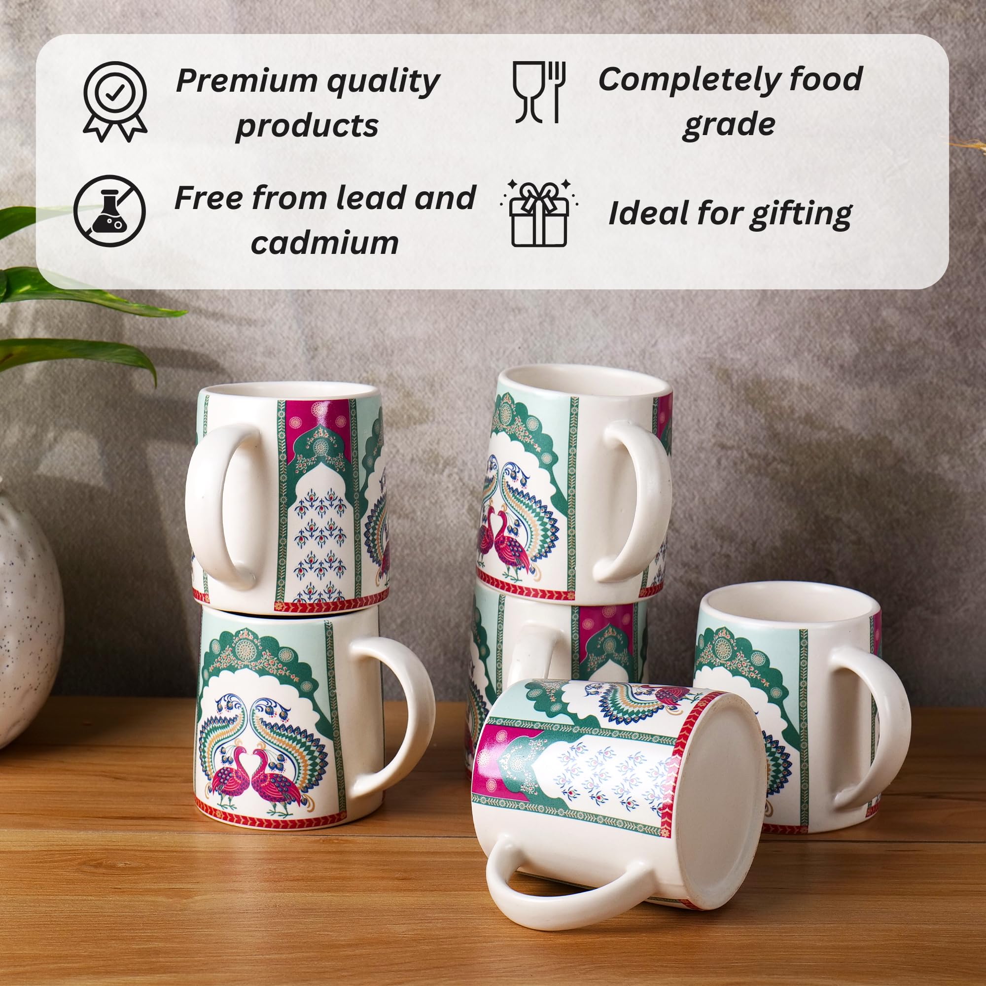 Peacock design print mug set of 6