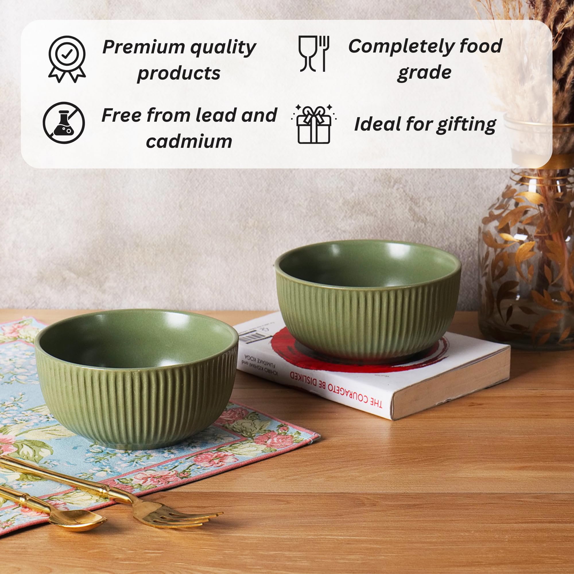 Green line design ceramic bowls set of 2