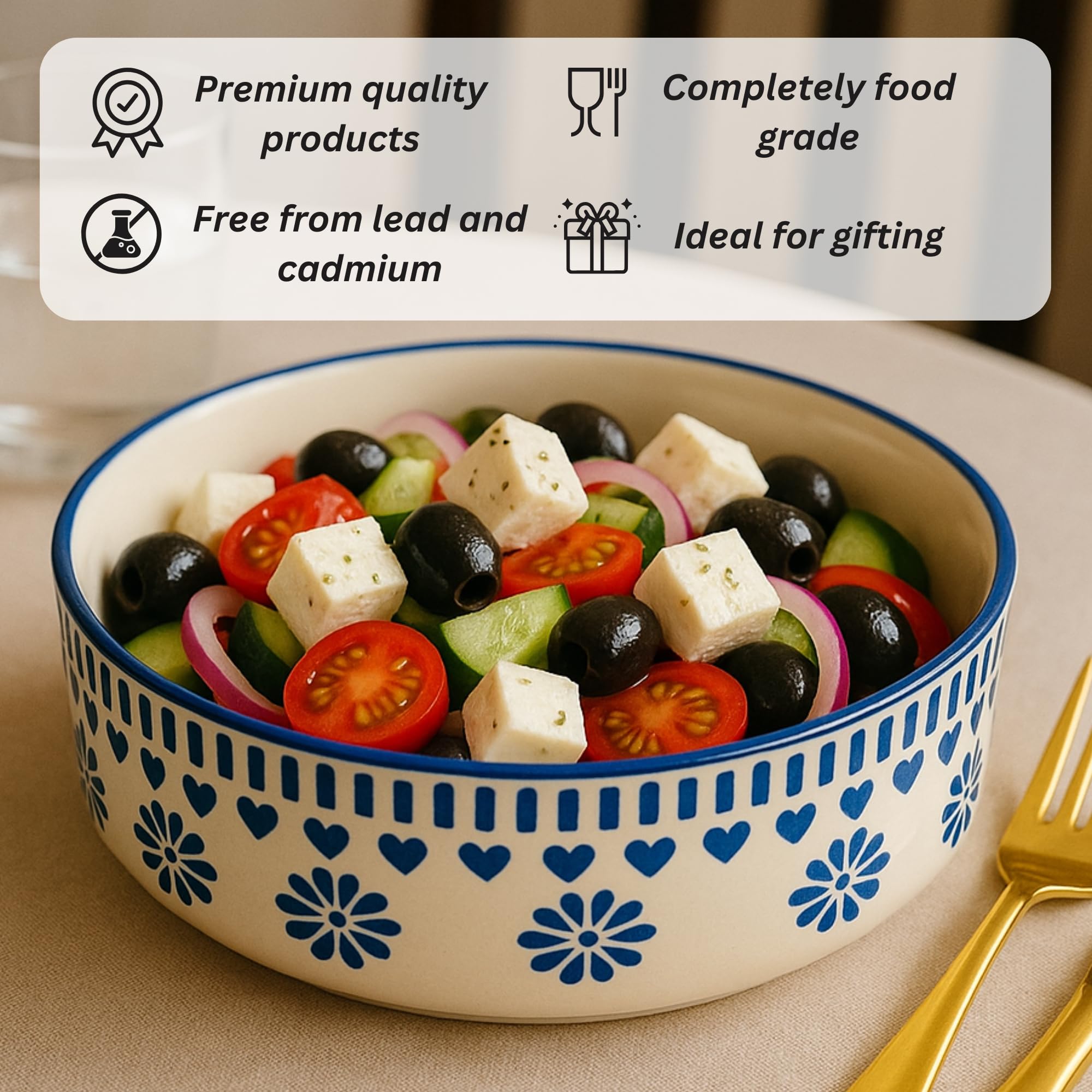 Blue leaf design salad bowl set of 1
