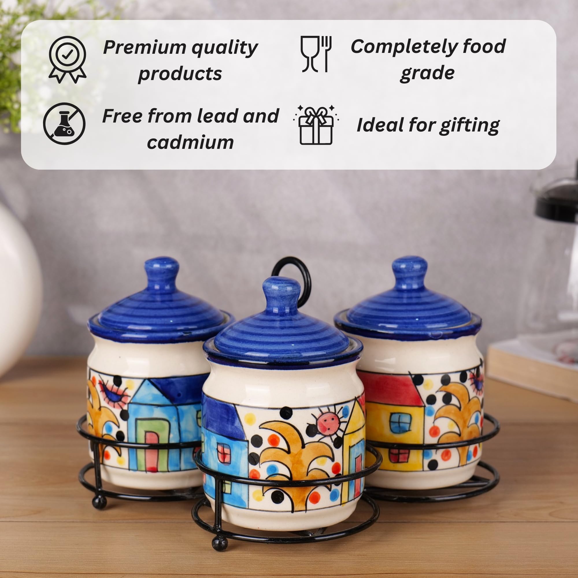 Home printed Handcrafted Ceramic Pickle Jar Set of 3