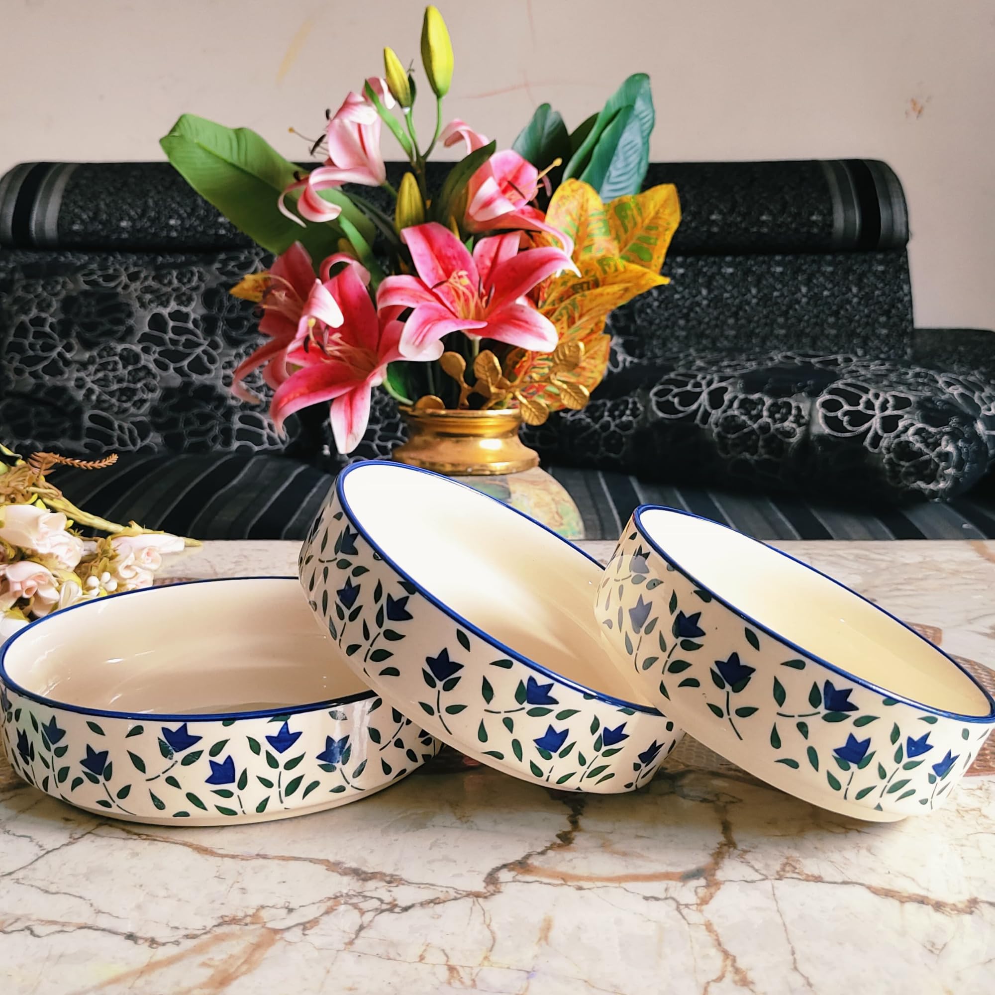 Blue Leaf Design Ceramic Salad Bowls Set of 3
