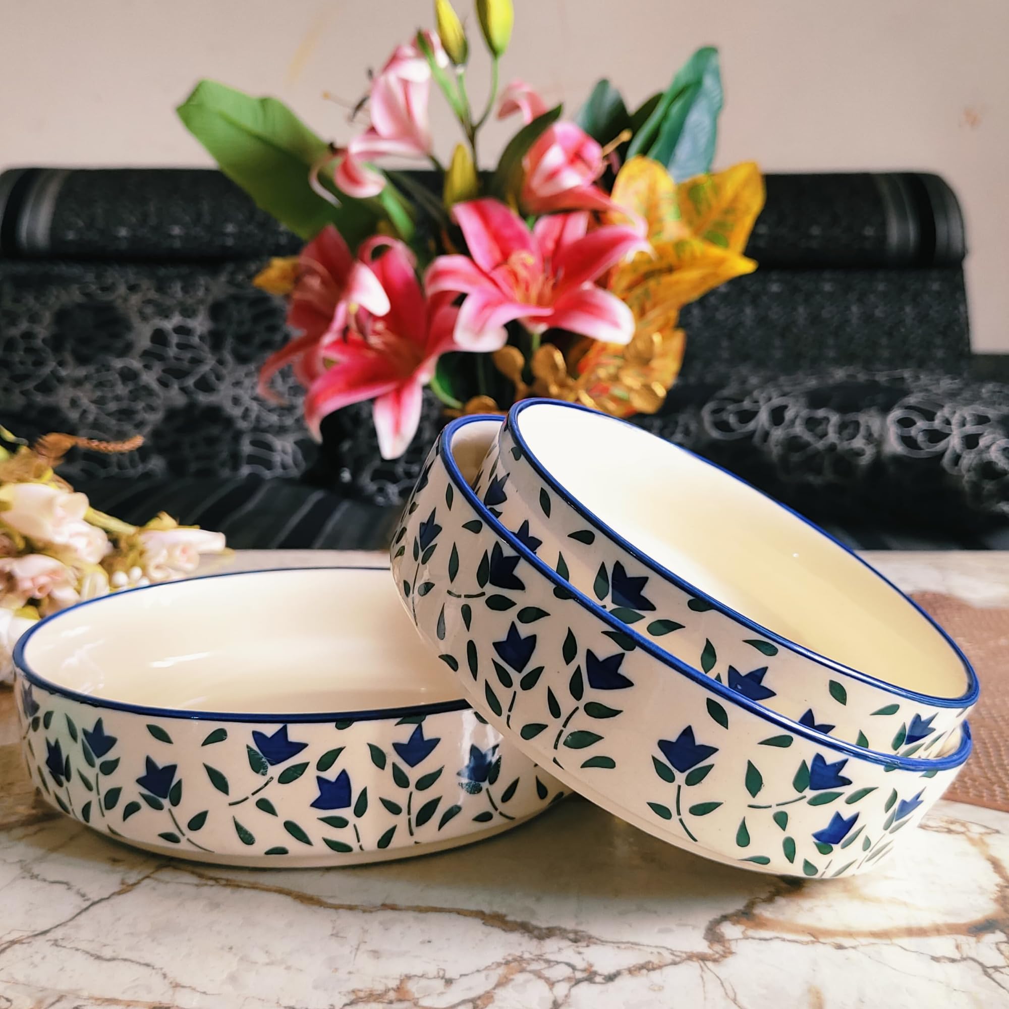 Blue Leaf Design Ceramic Salad Bowls Set of 3