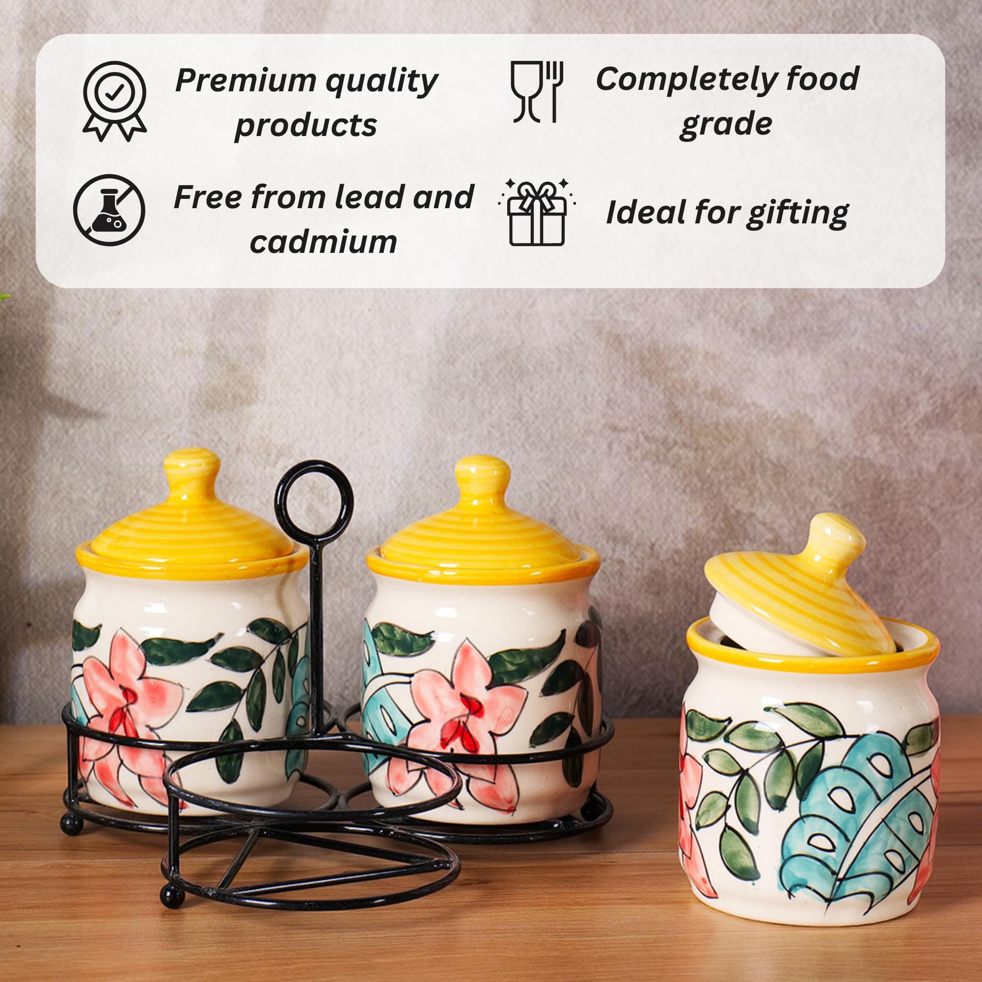 Flower printed Handcrafted Ceramic Pickle Jar Set of 3