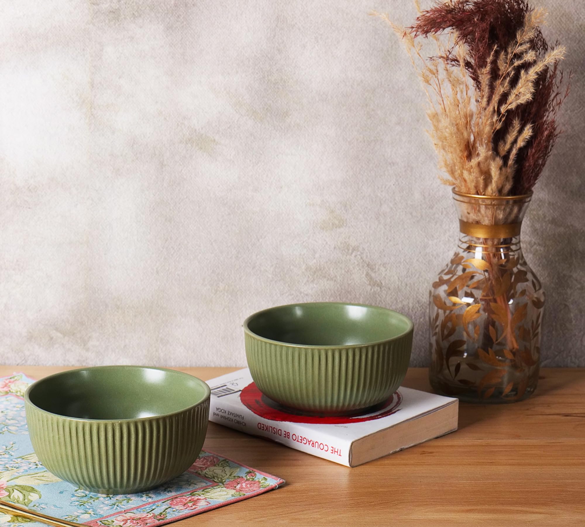 Green line design ceramic bowls set of 2