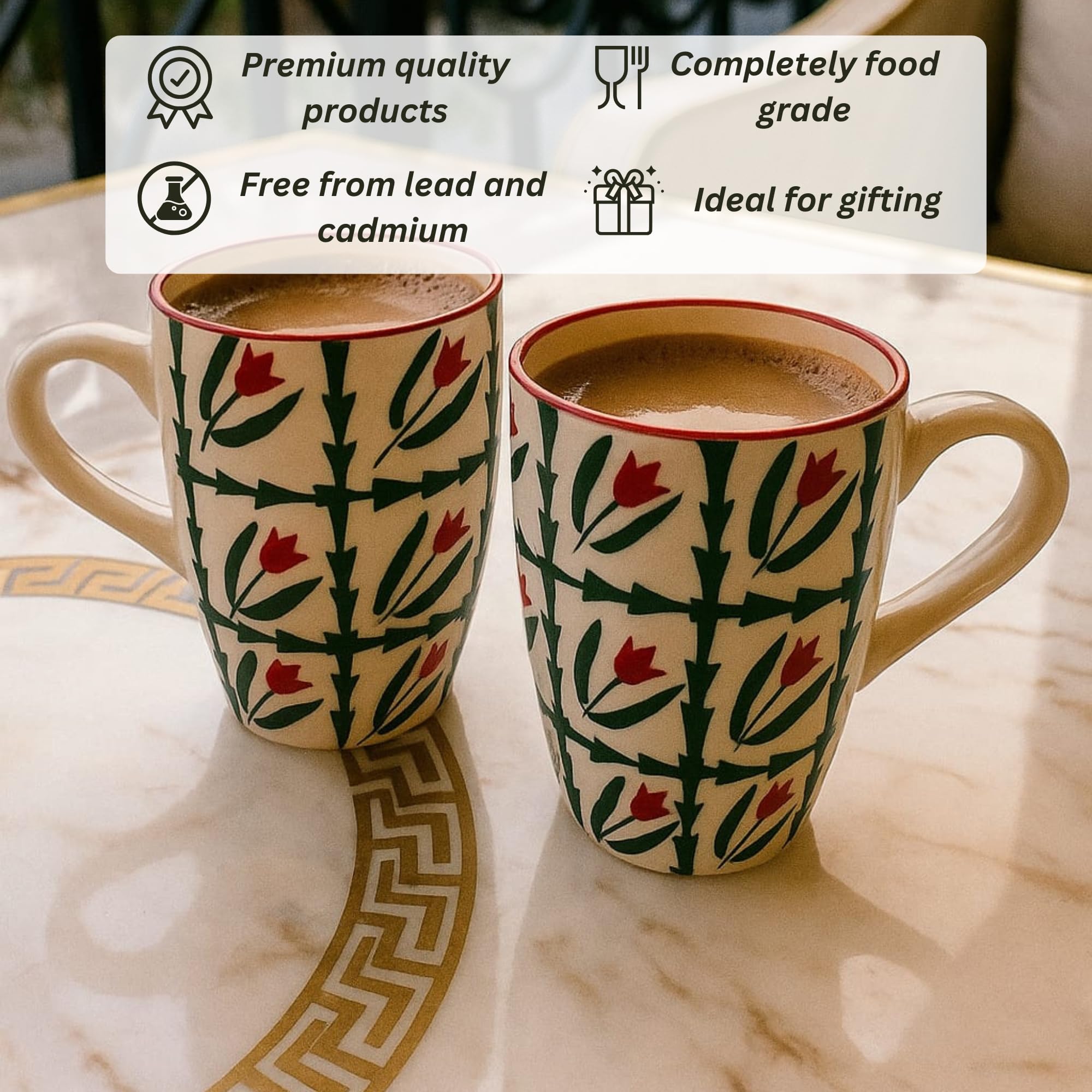 Red Tulip & Green Leaf Block Design Ceramic Coffee Mug, 300 ML Each (Set of 2)