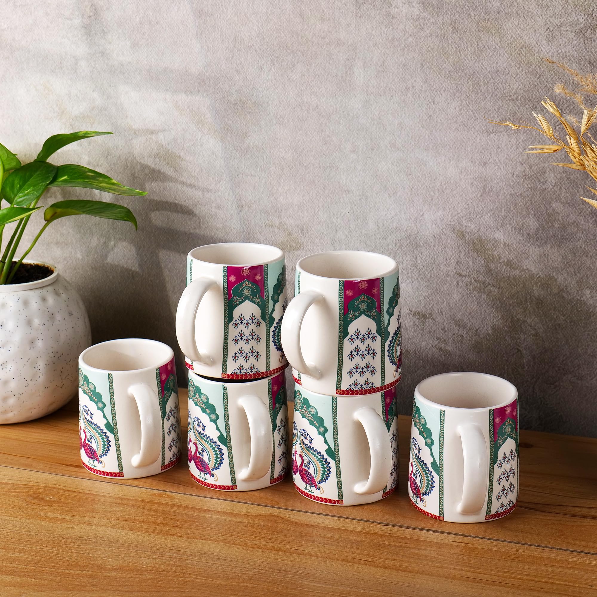 Peacock design print mug set of 6