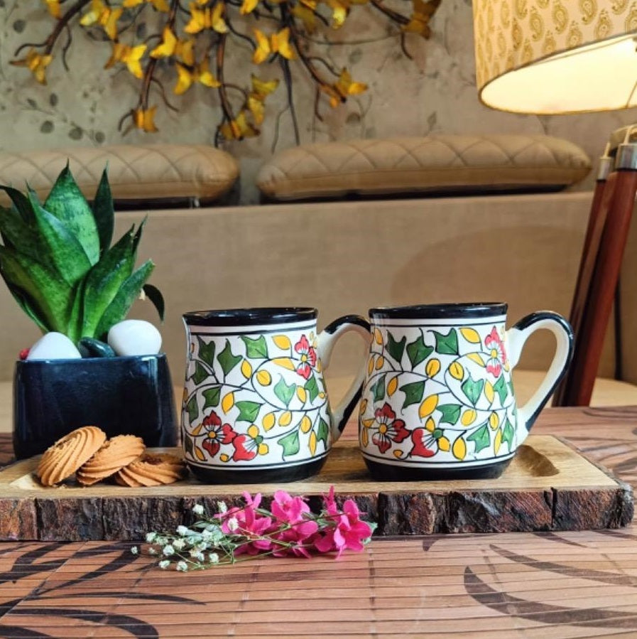 Niyara Stoneware Handmade Premium Ceramic Tea Cups and Coffee Mugs Ceramic Mugs to Gift to Best Friend Microwave Dishwasher Safe - Set of 2, 320ml (Leaf & Flower Design)