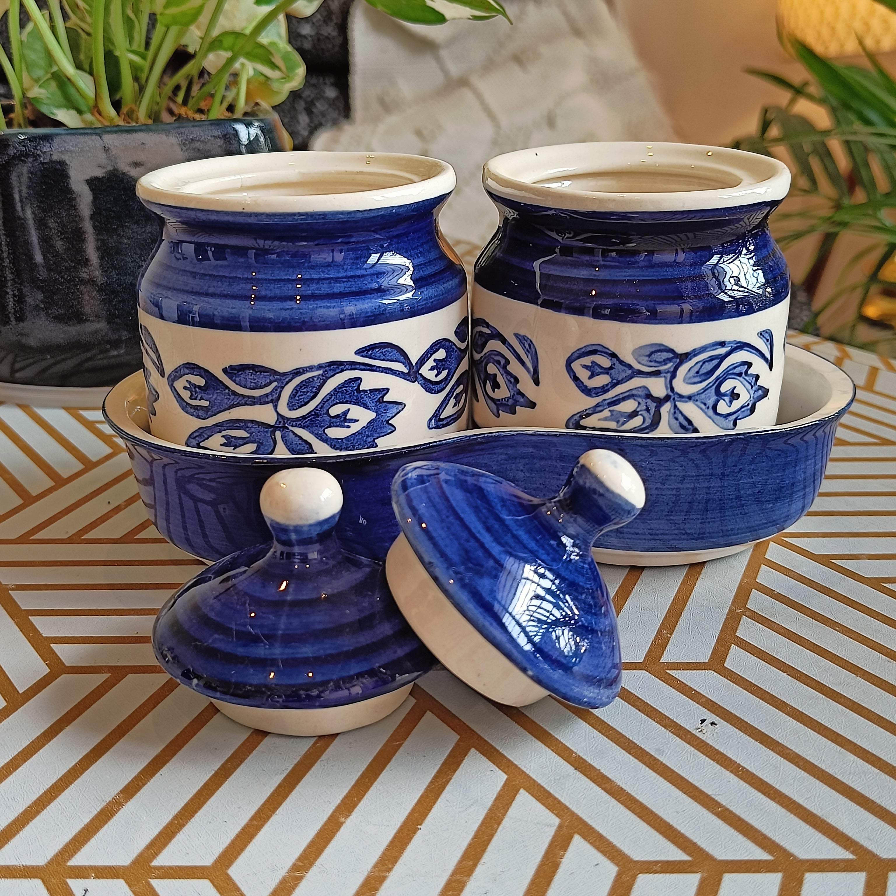 Ceramic Handpainted Multipurpose Storage Ceramic Jars & Containers with Lid ,Tray ( Blue)