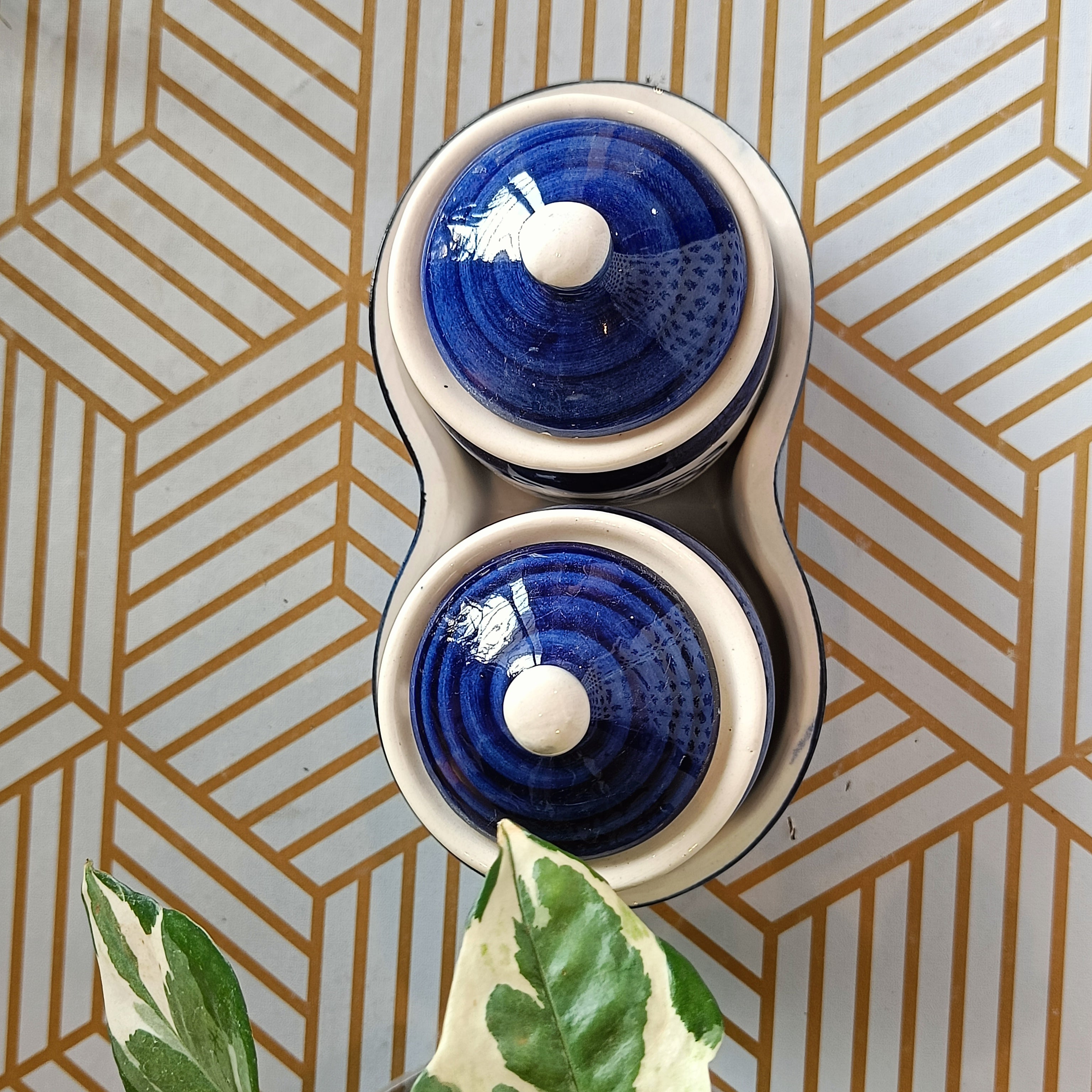 Ceramic Handpainted Multipurpose Storage Ceramic Jars & Containers with Lid ,Tray ( Blue)