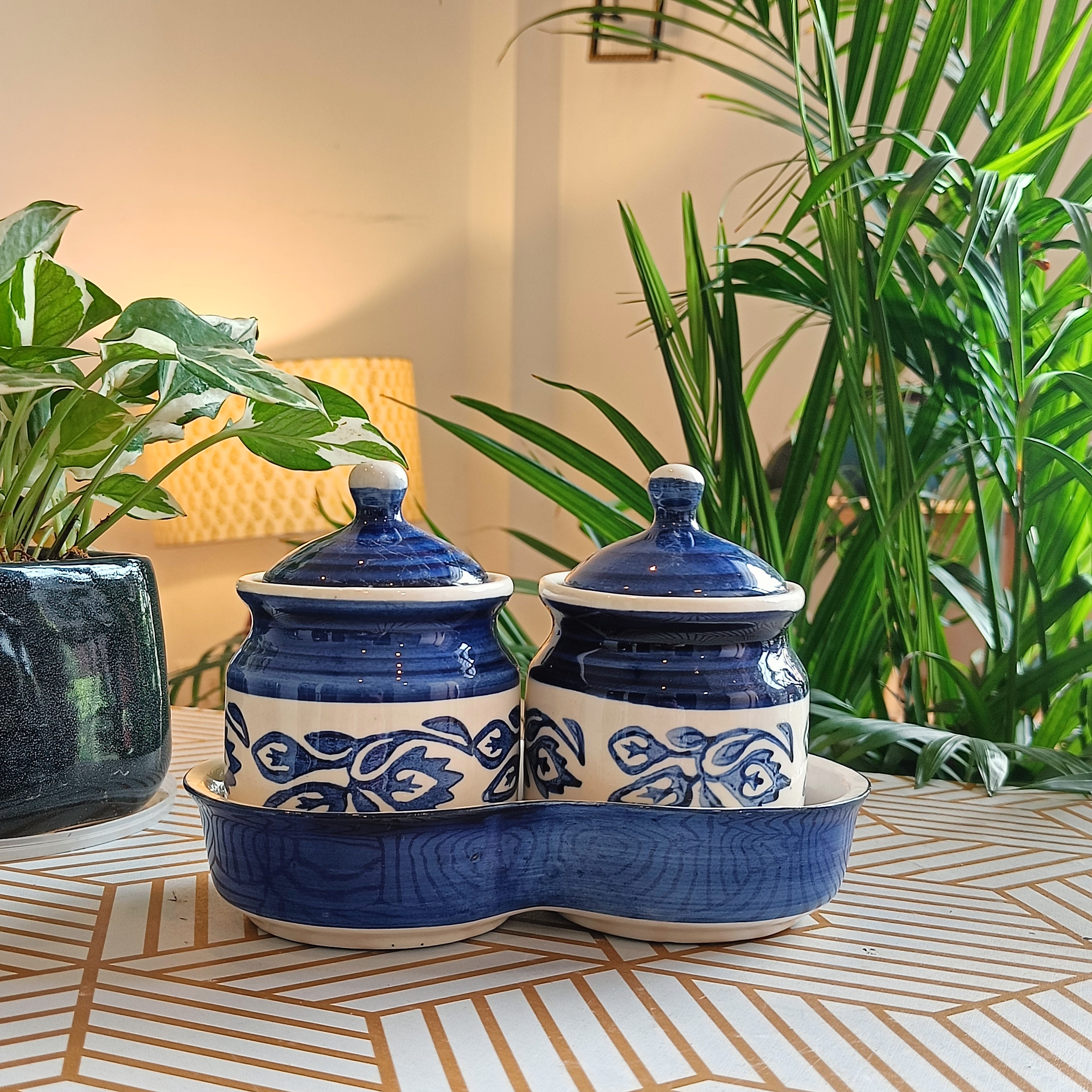 Ceramic Handpainted Multipurpose Storage Ceramic Jars & Containers with Lid ,Tray ( Blue)