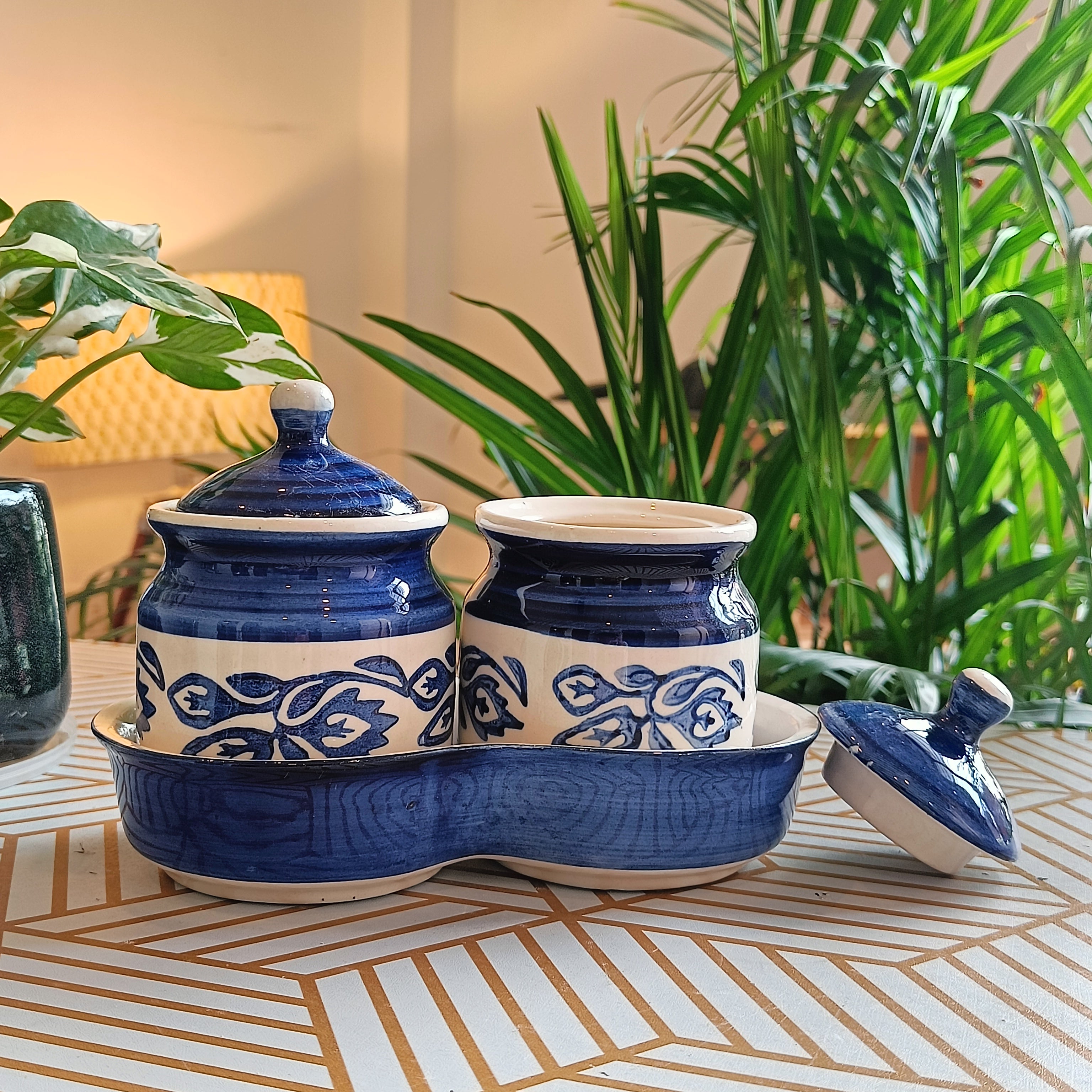 Ceramic Handpainted Multipurpose Storage Ceramic Jars & Containers with Lid ,Tray ( Blue)