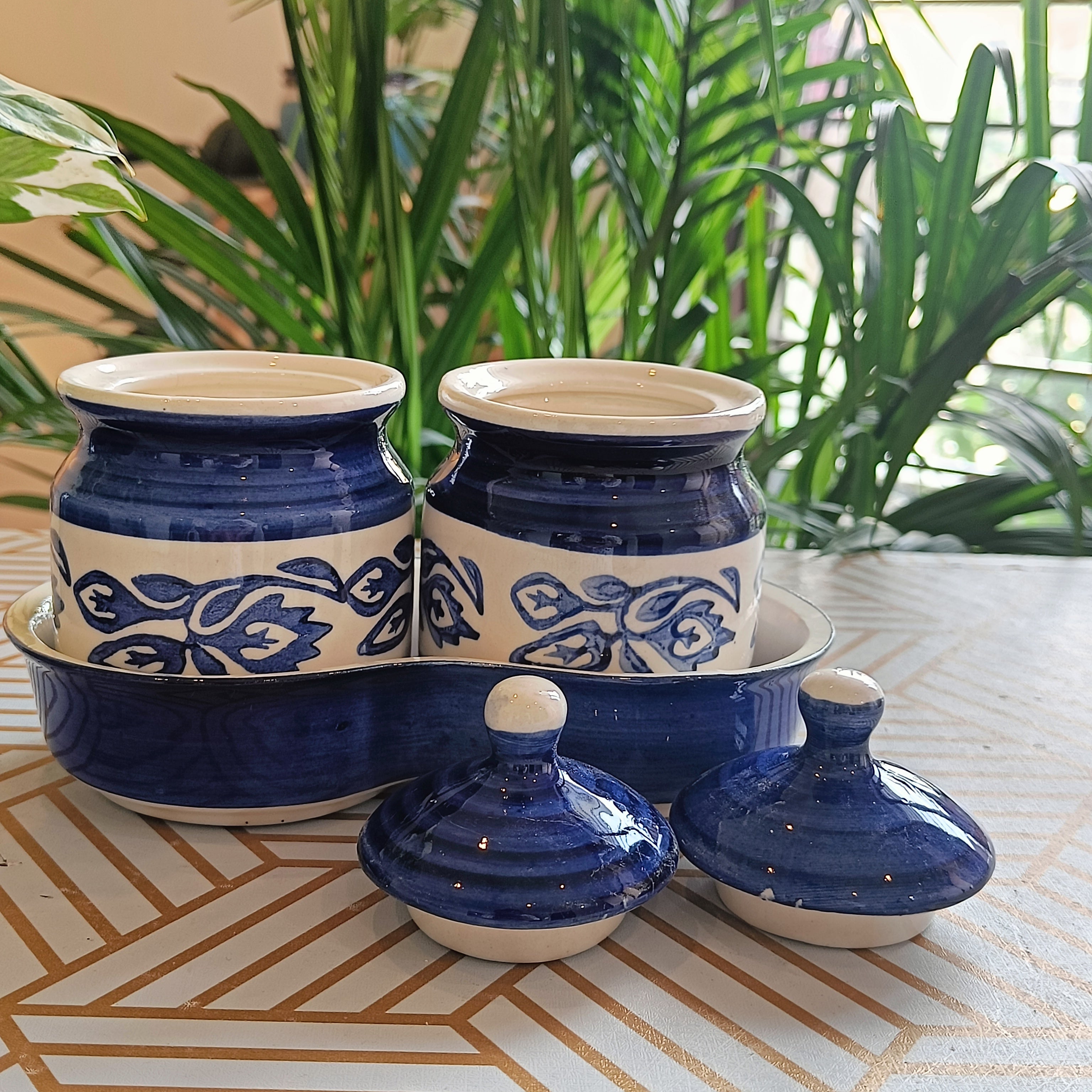 Ceramic Handpainted Multipurpose Storage Ceramic Jars & Containers with Lid ,Tray ( Blue)