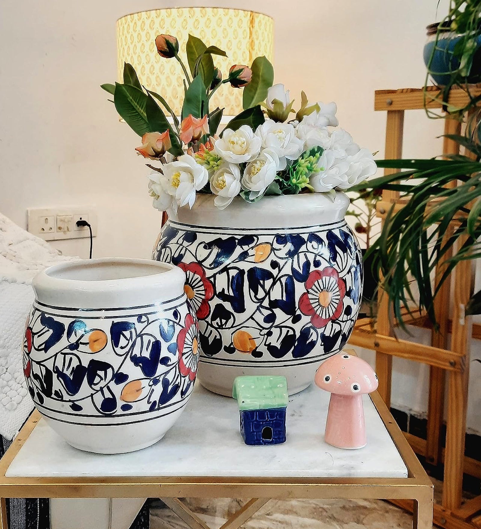 White and Blue Handprinted Planters Pot Set of 2