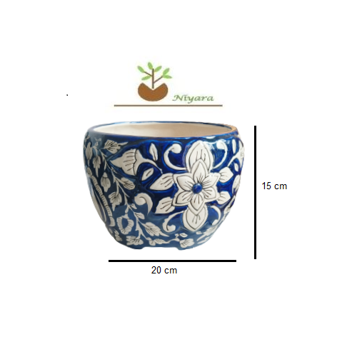 Mughal style with white flower print ceramic pot size 20 by 15 cm