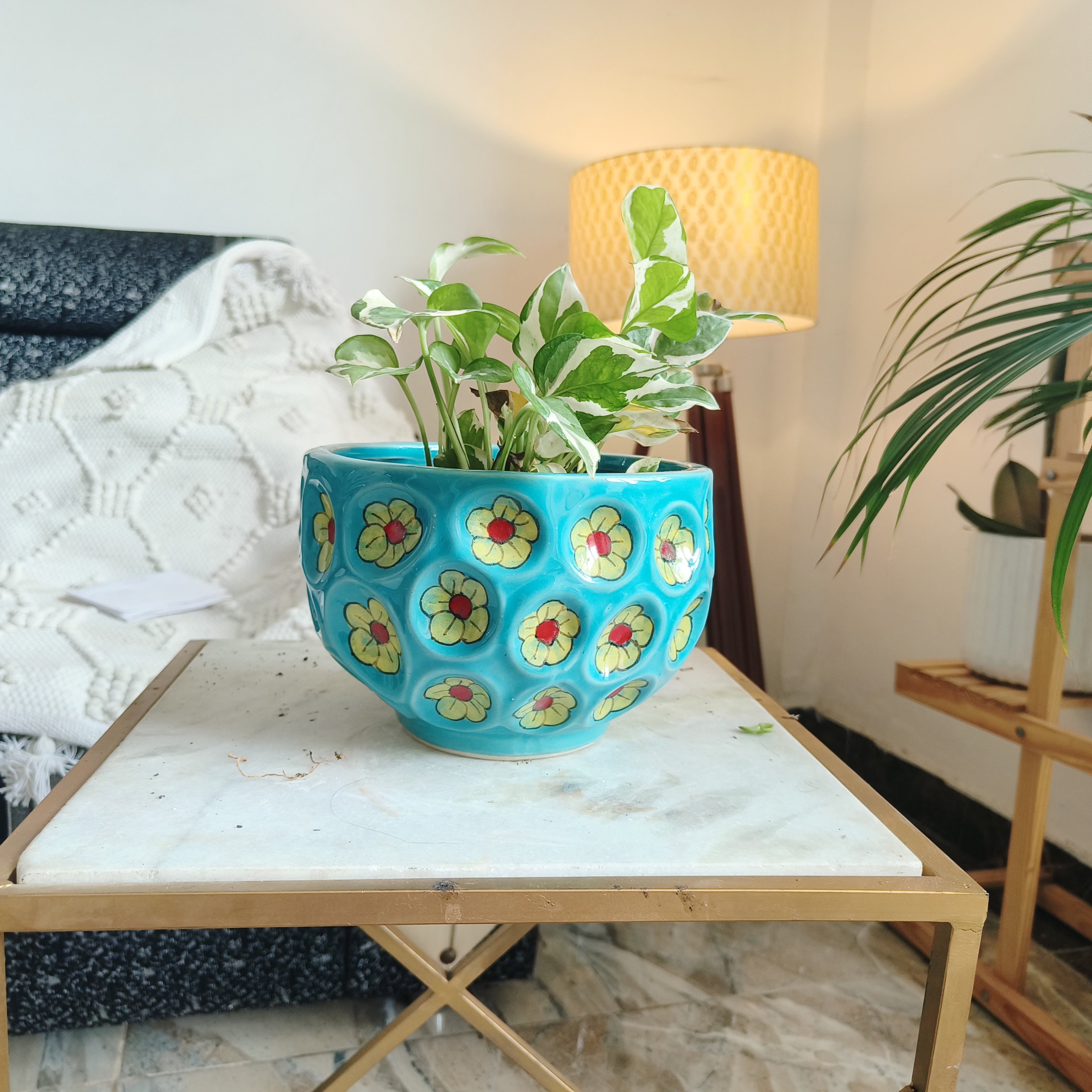 Skyblue ceramic pot with flower design size- 20 by 15 cm