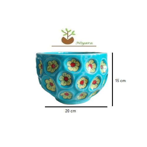 Skyblue ceramic pot with flower design size- 20 by 15 cm