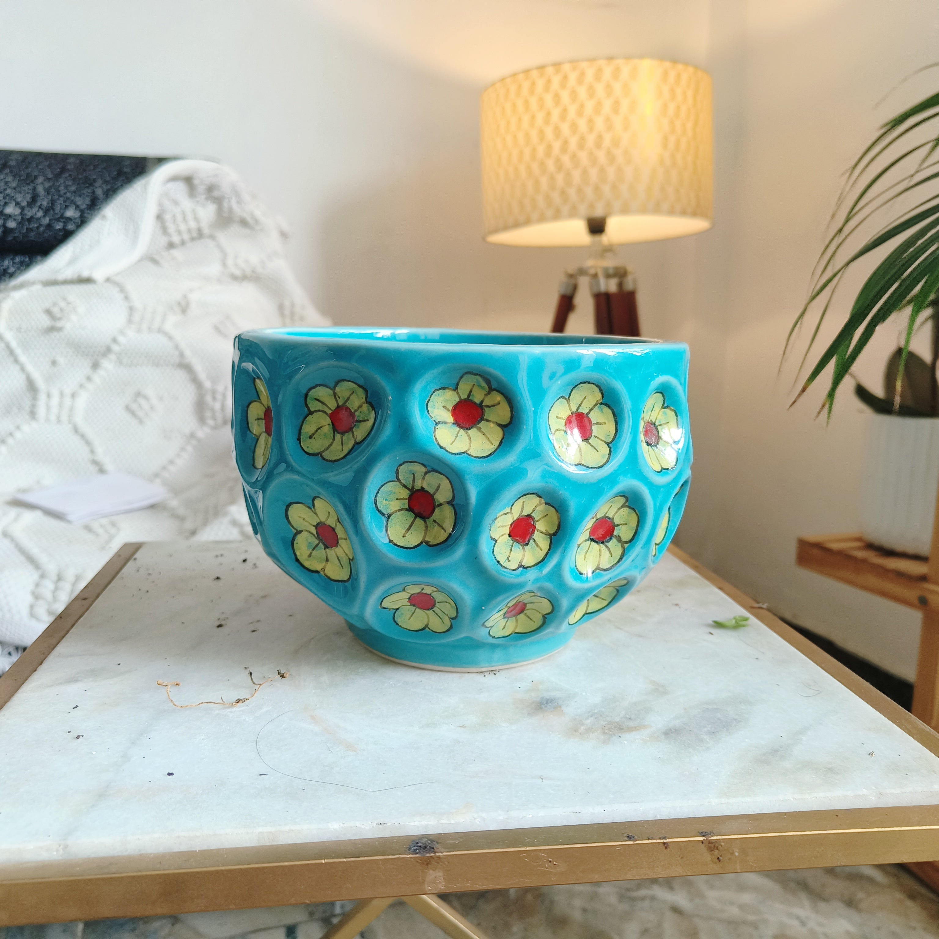 Skyblue ceramic pot with flower design size- 20 by 15 cm