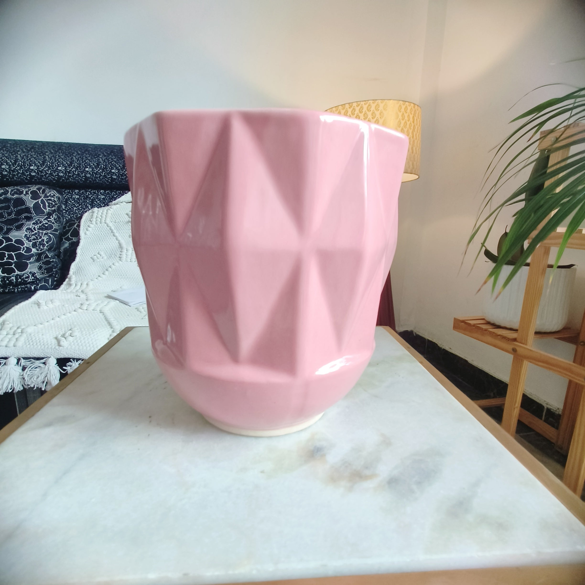 Pink Self Pattern Look Ceramic Pots Large 7inches by 8 inches Shape :Cylindrical