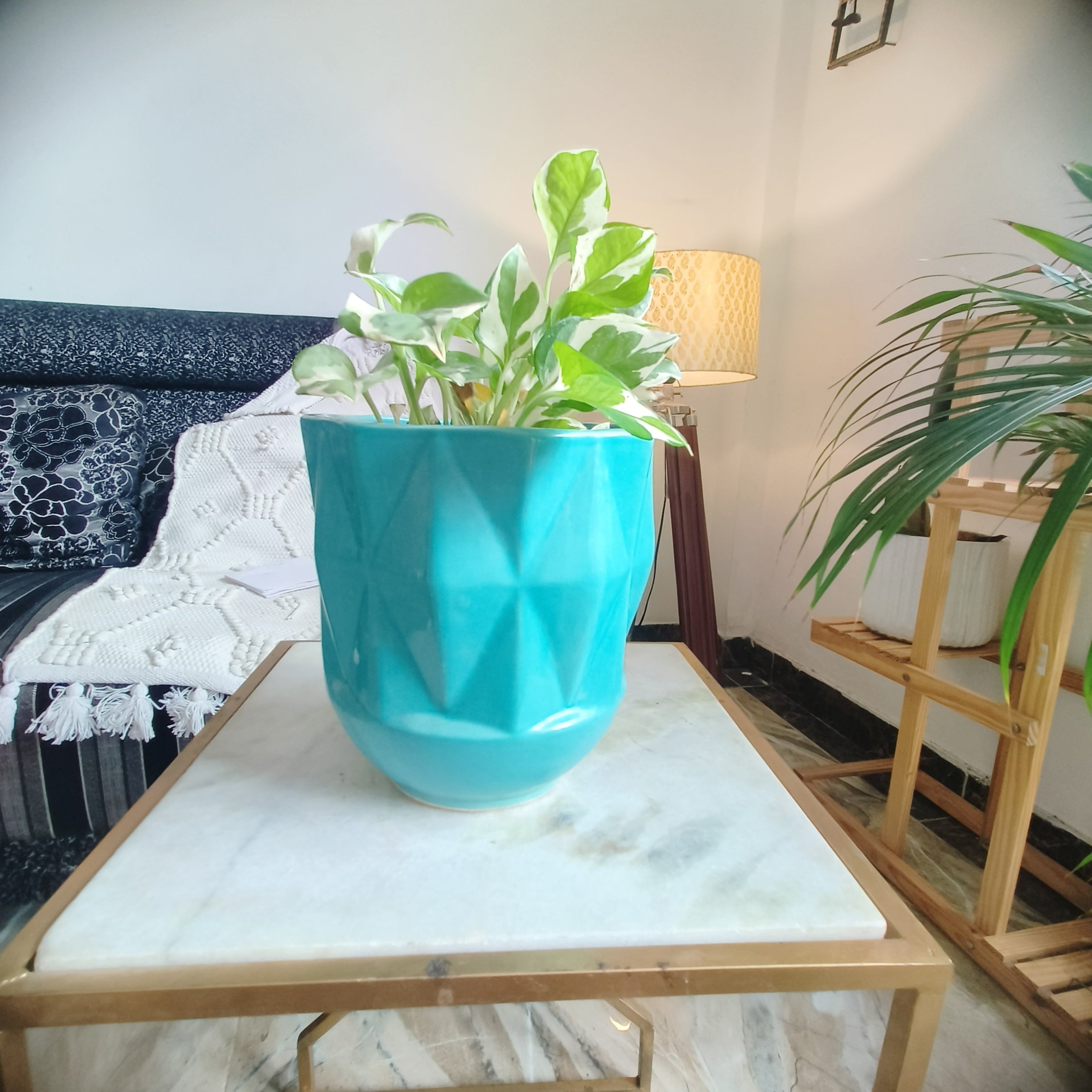 SkyBlue Self Pattern Look Ceramic Pots Size -Large 7inches by 8 inches Shape :Cylindrical