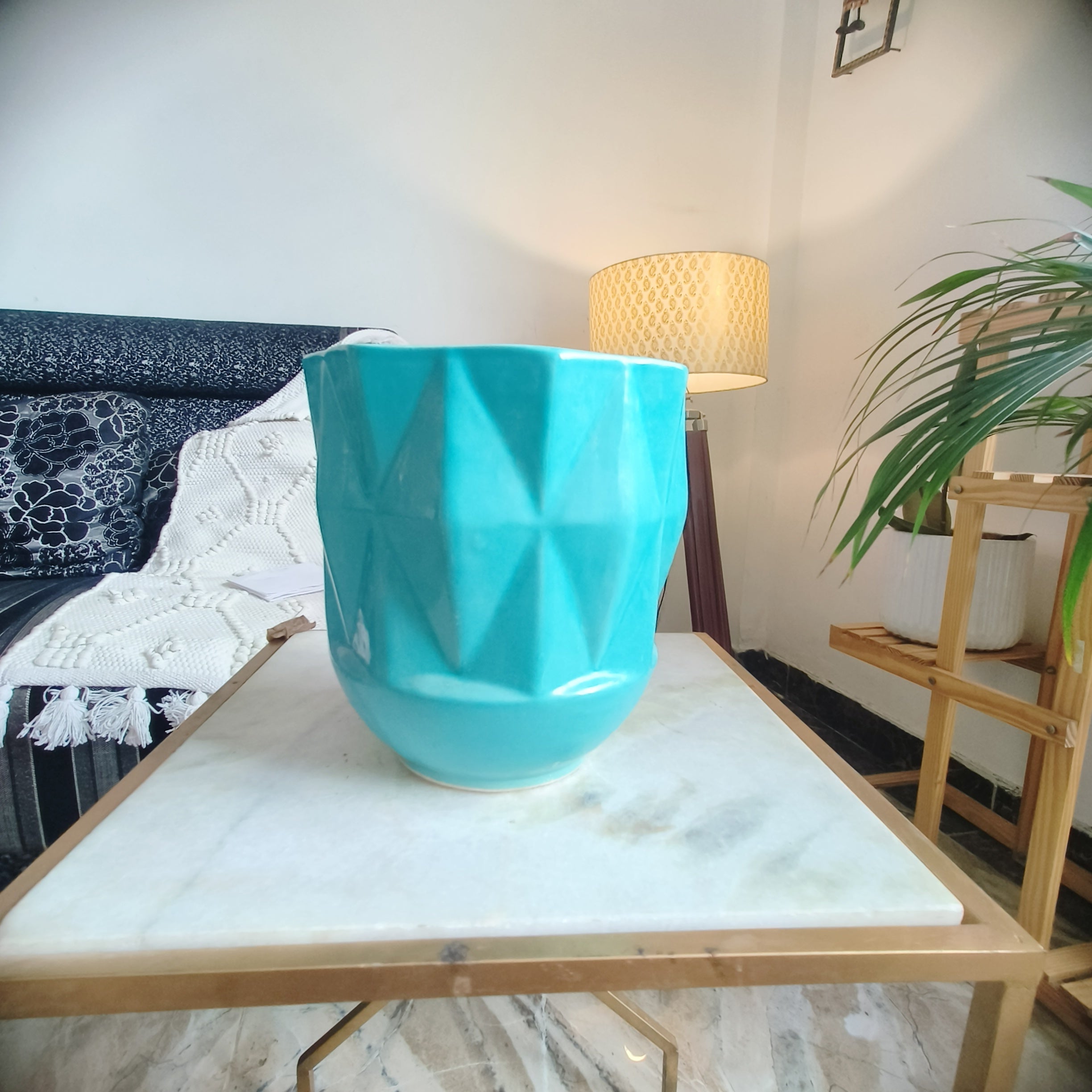 SkyBlue Self Pattern Look Ceramic Pots Size -Large 7inches by 8 inches Shape :Cylindrical