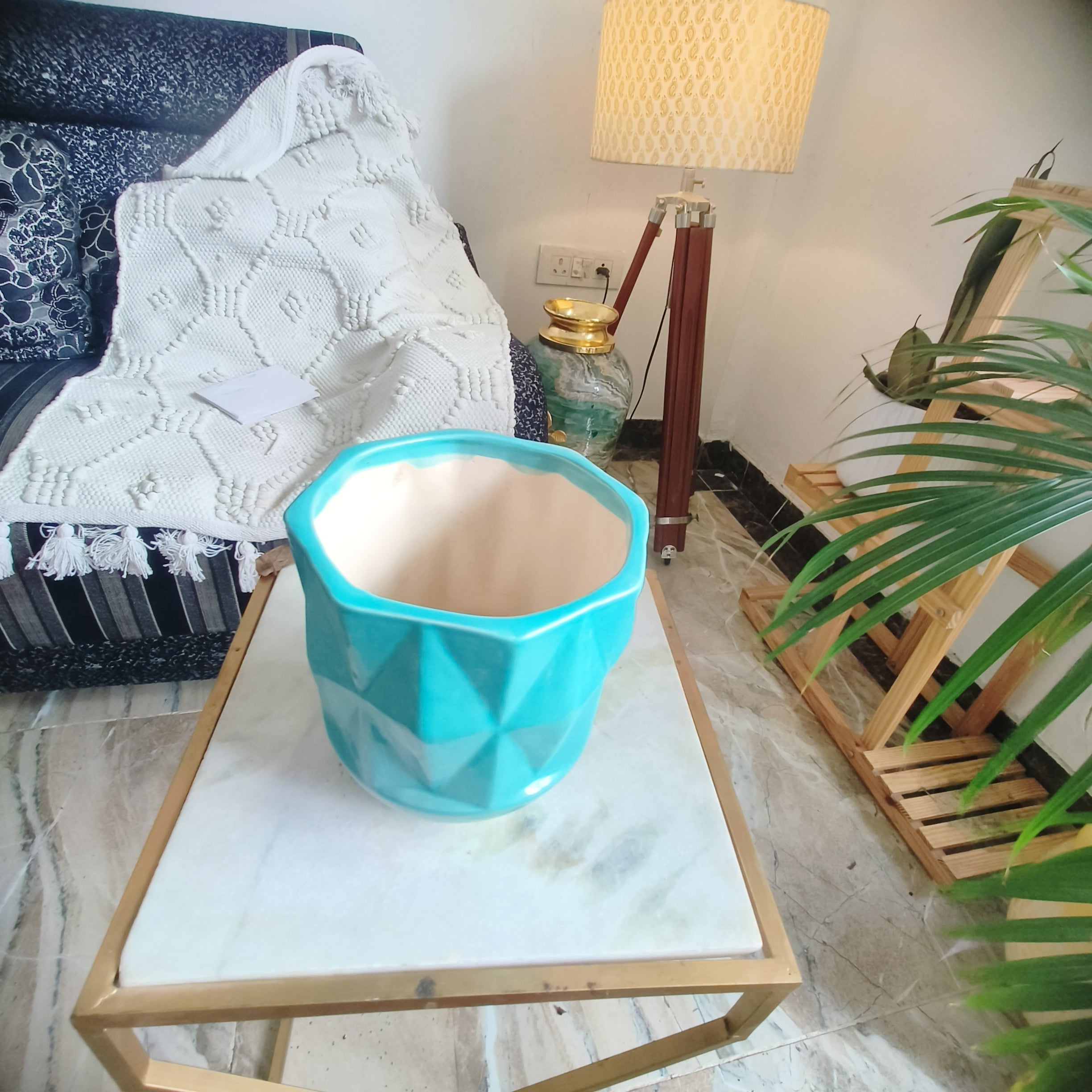SkyBlue Self Pattern Look Ceramic Pots Size -Large 7inches by 8 inches Shape :Cylindrical