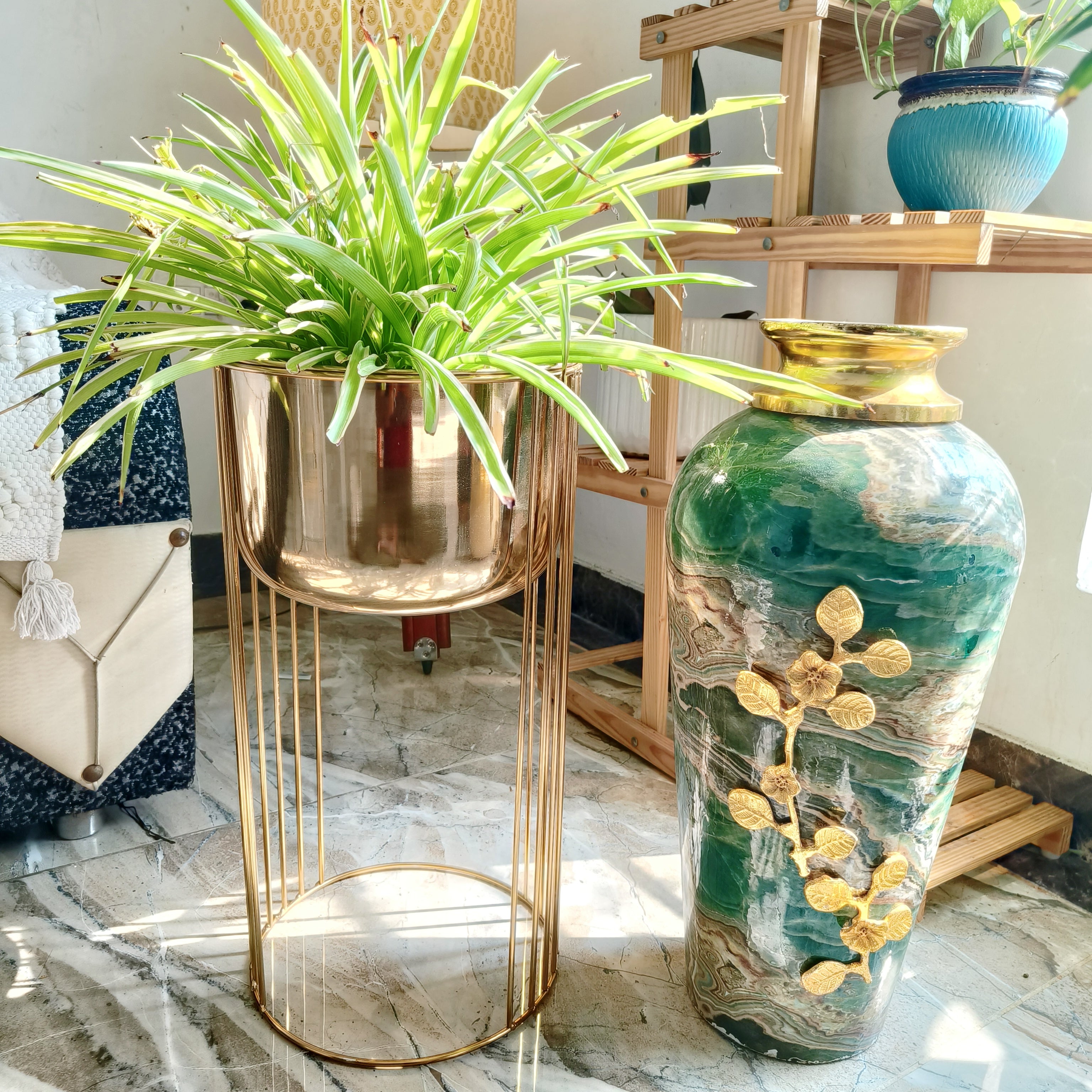 Metal Golden Planters Pot with stand size 52 by 26 cm