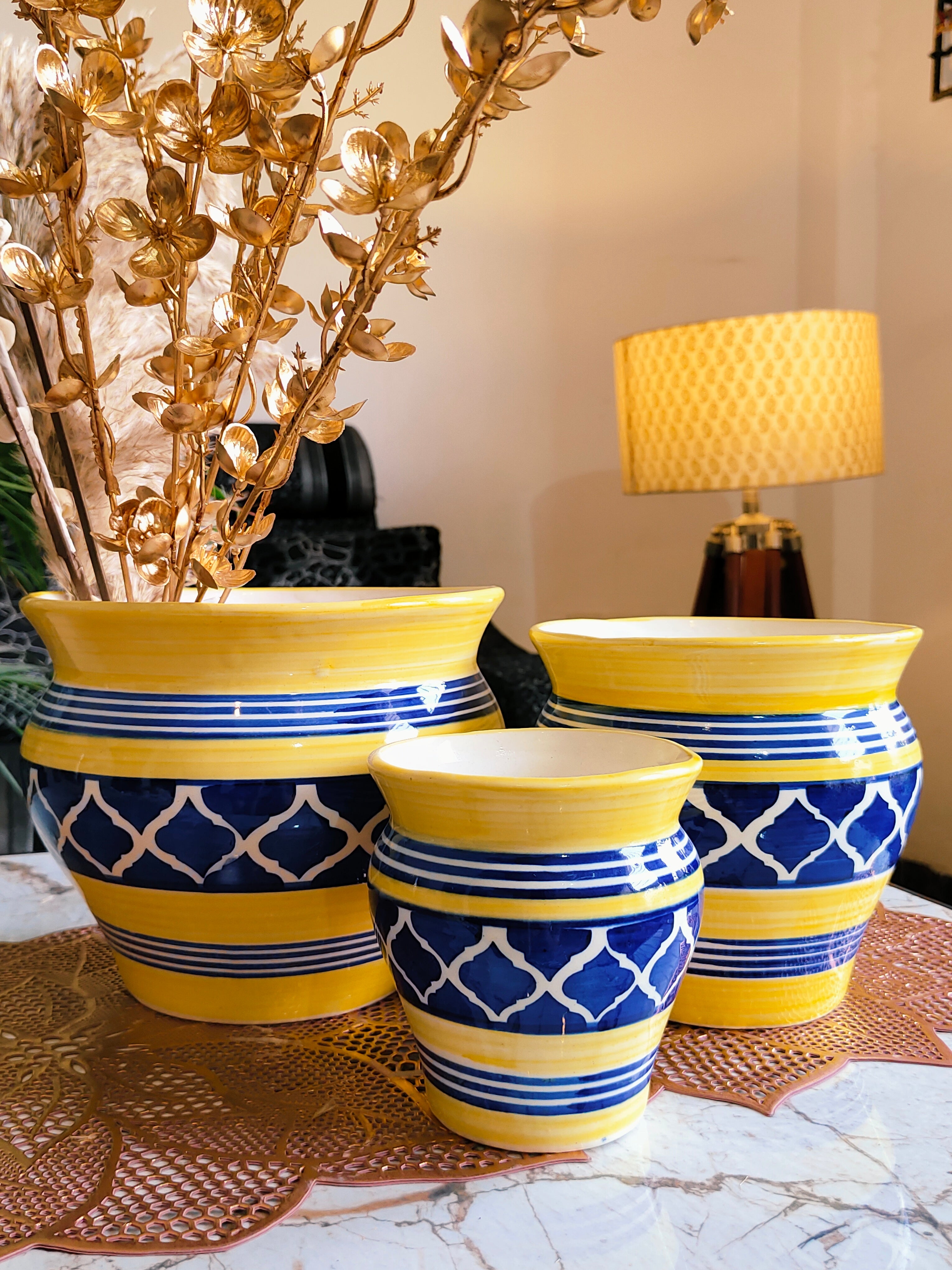 ceramic handi shape shiny handpainted planters pot set of 3 colour-Yellow