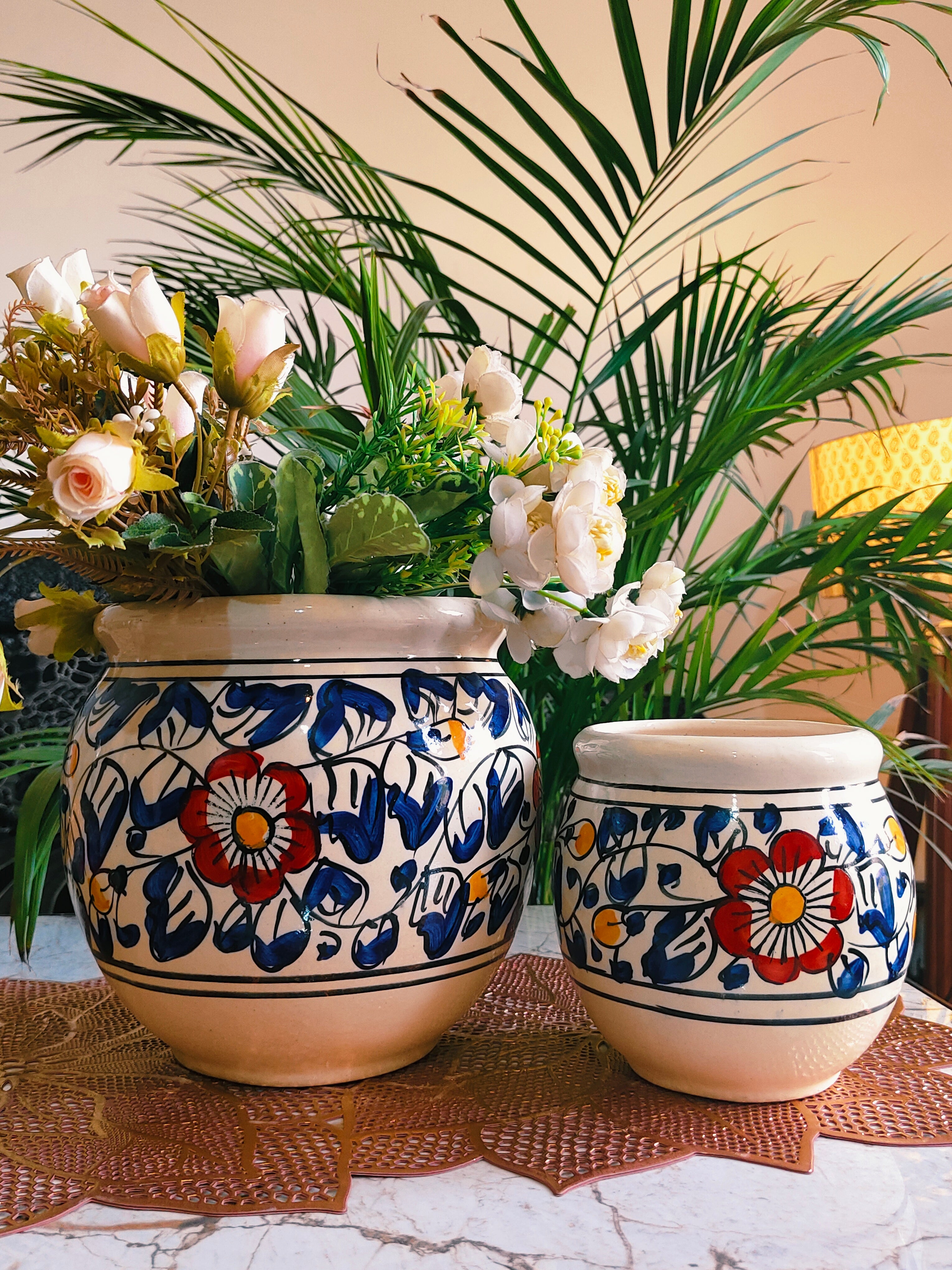 White and Blue Handprinted Planters Pot Set of 2