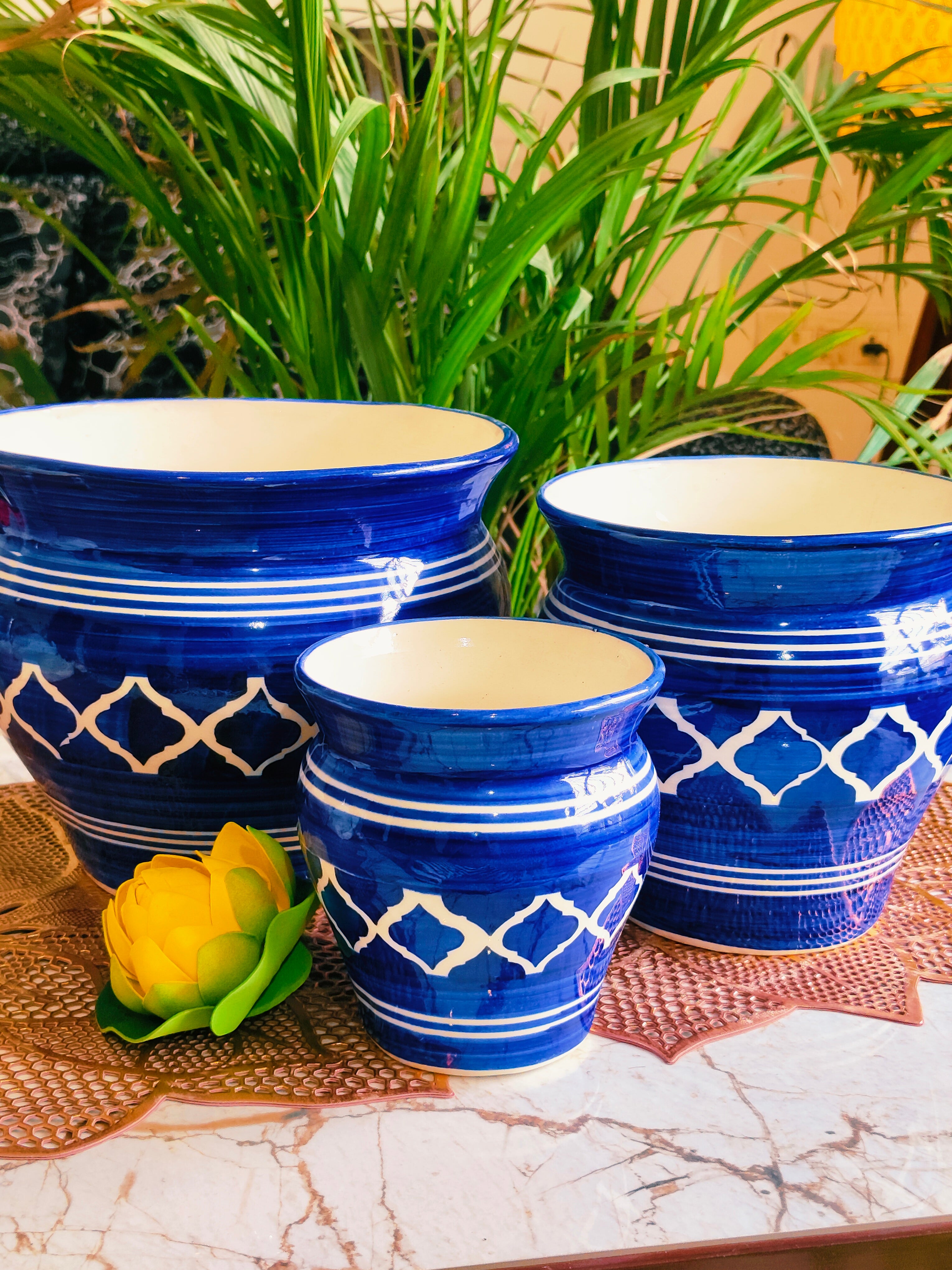 Handi Style Handpainted Planters Pot Set of 3 color-Blue