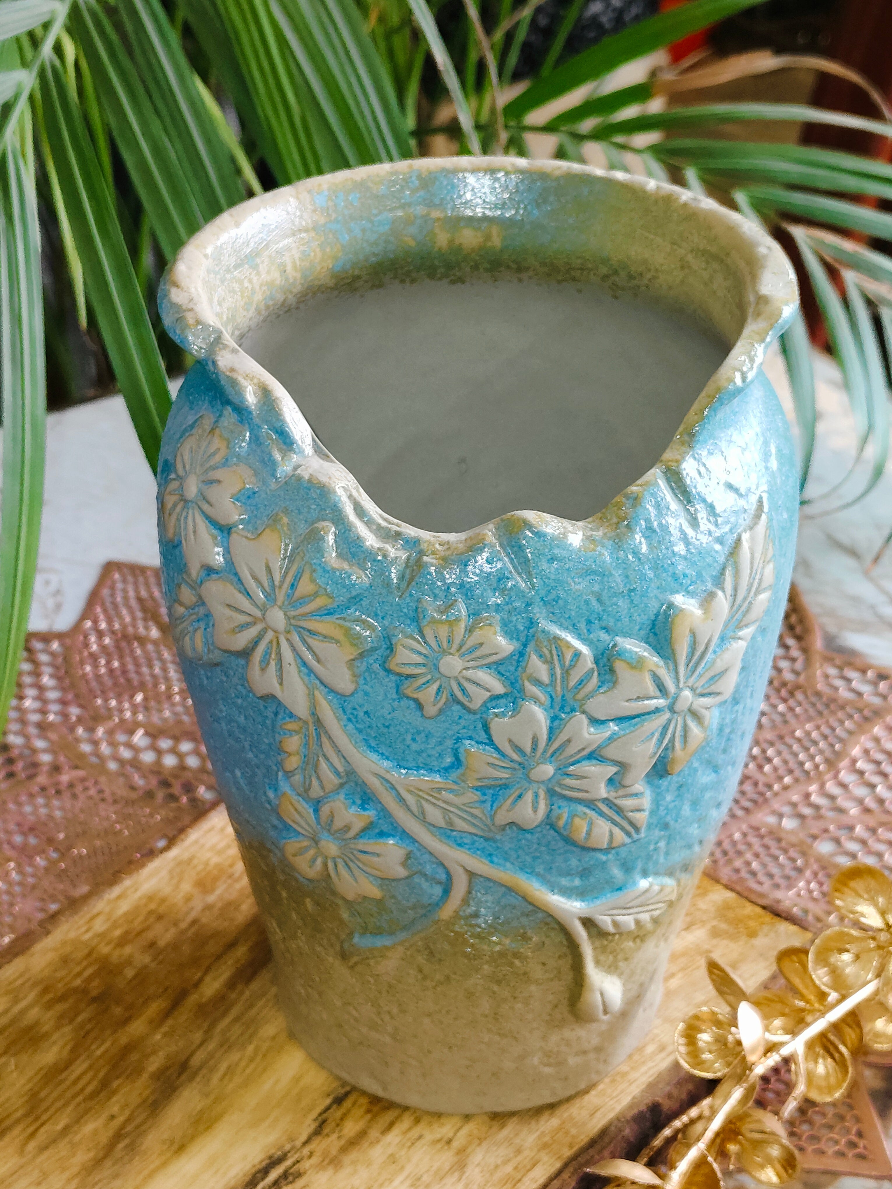 Stylish Cylindrical Look Ceramic Pots Size - 5 inch by 7.5 inch (Mediterranean)