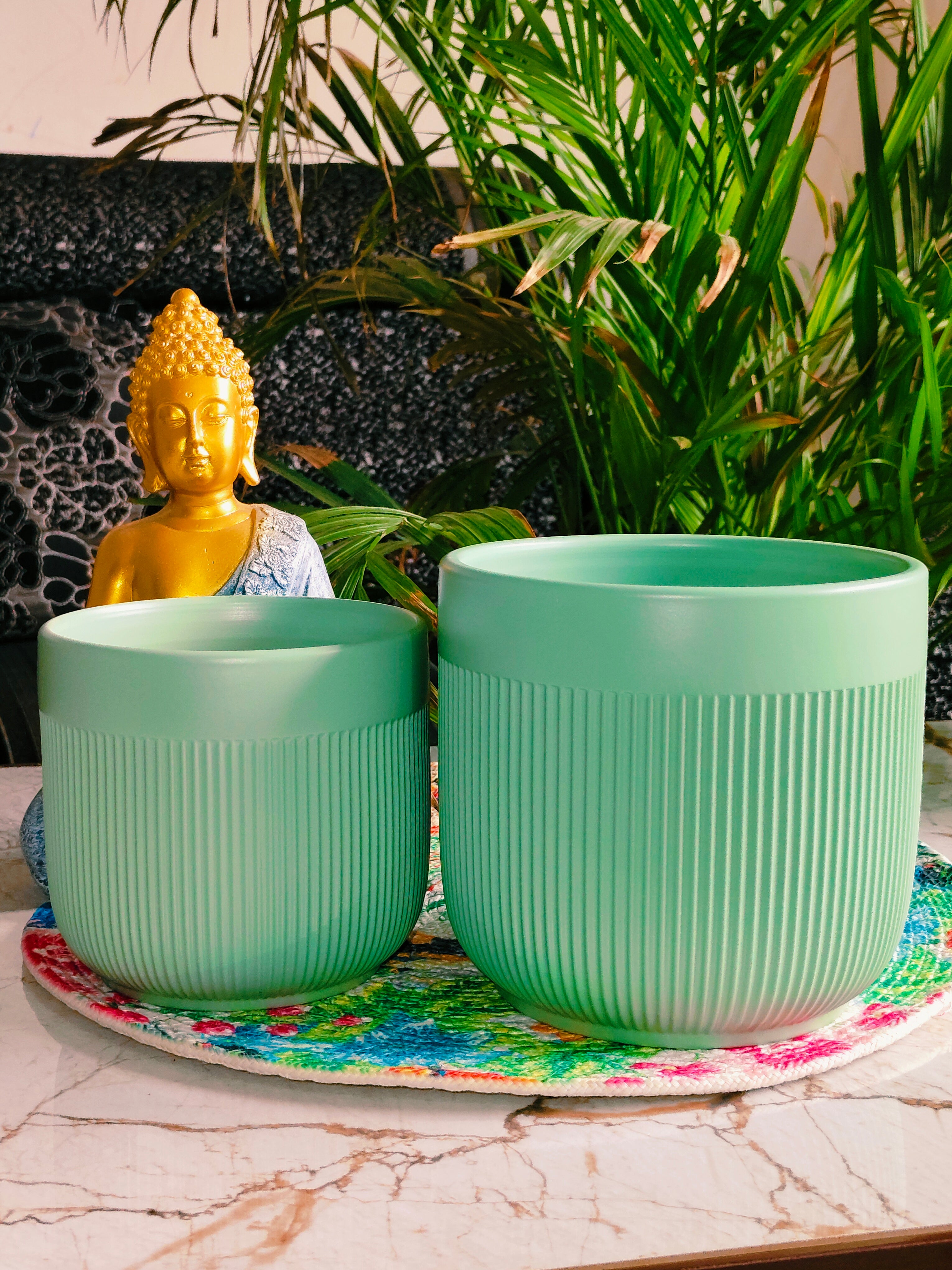 Fairy Green Stripe design pot set of 2 (Imported Ceramic Pots)