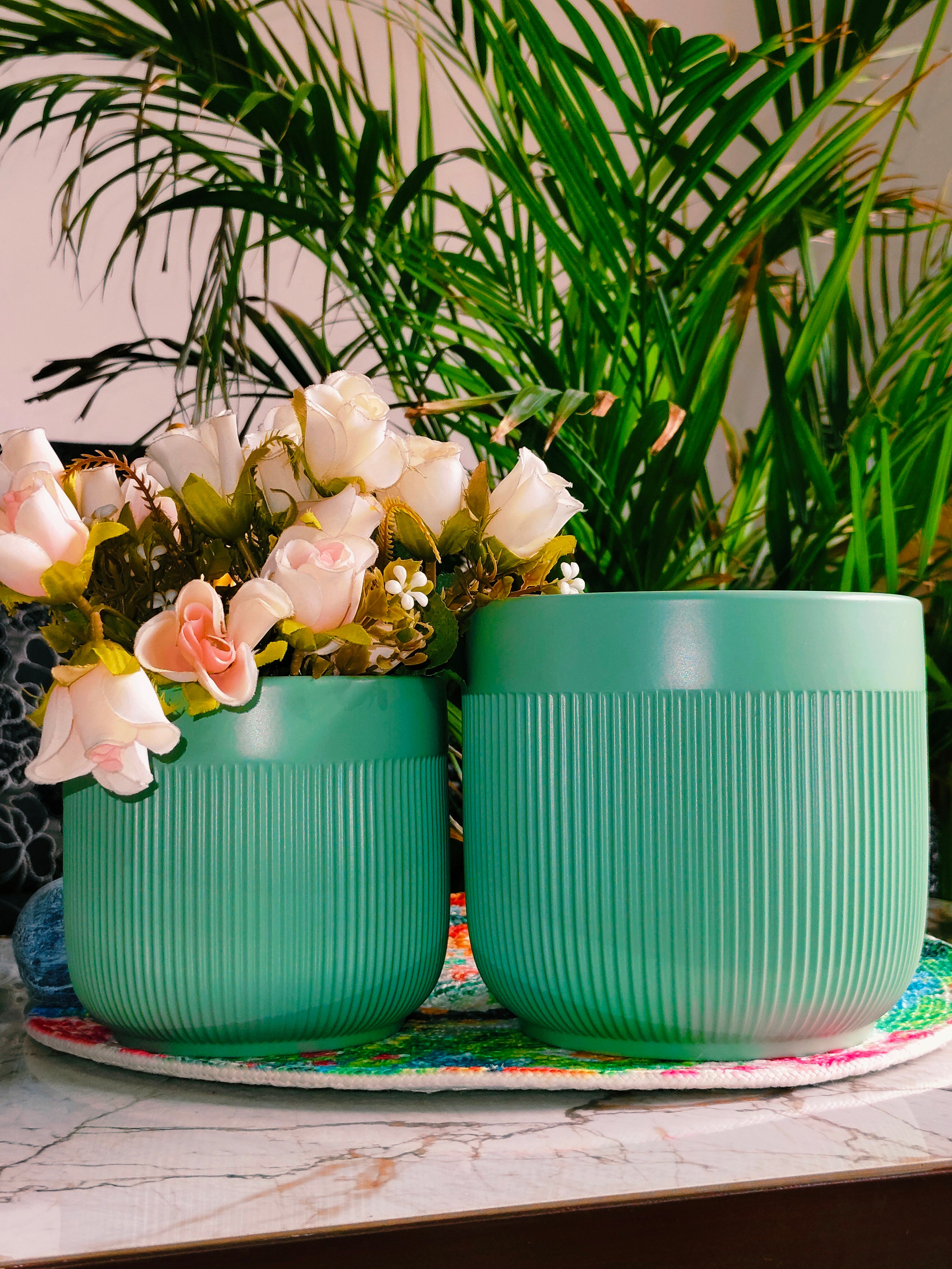 Fairy Green Stripe design pot set of 2 (Imported Ceramic Pots)