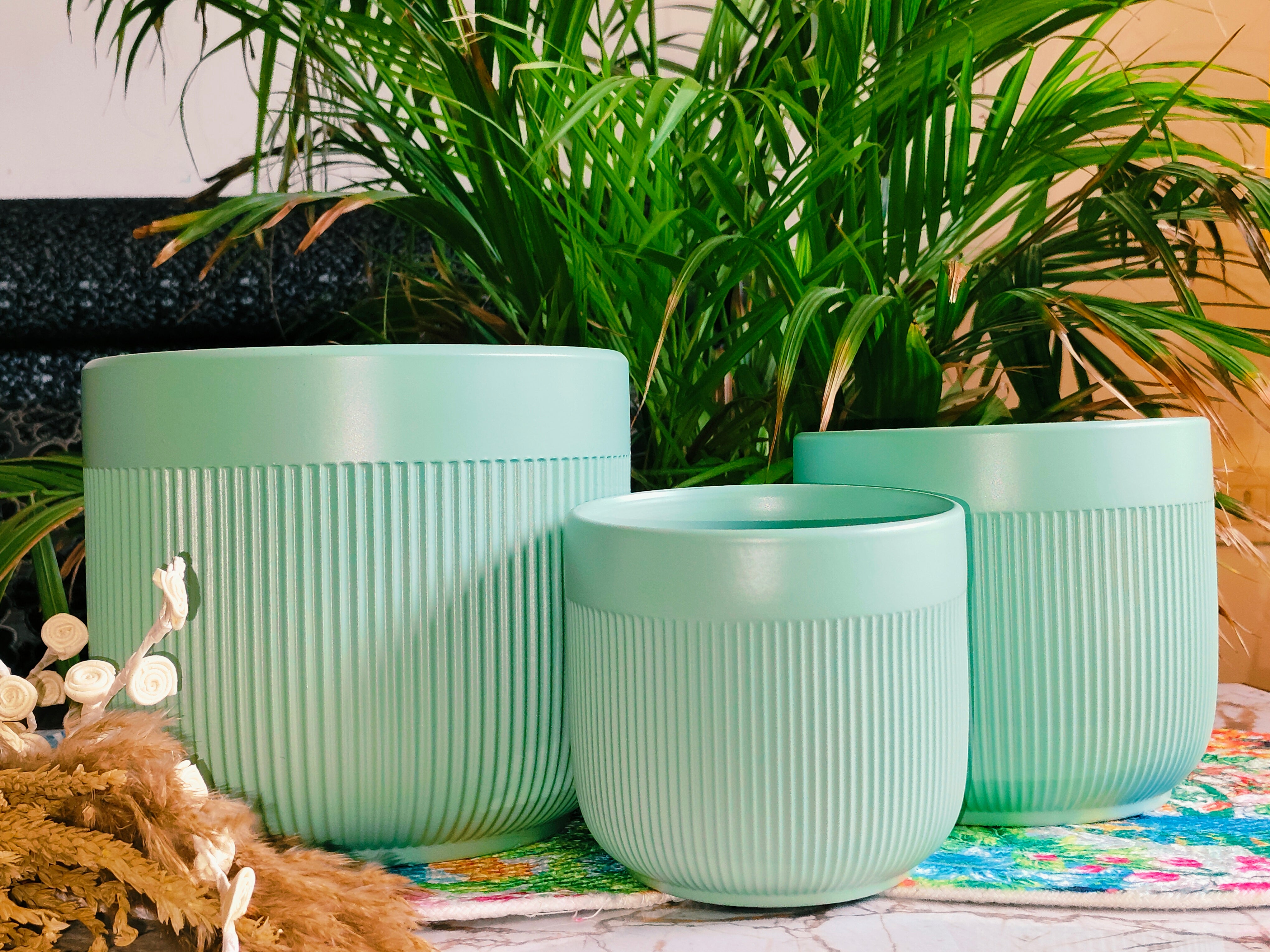 Fairy Green Stripe design pot set of 3 (Imported Ceramic Pots)