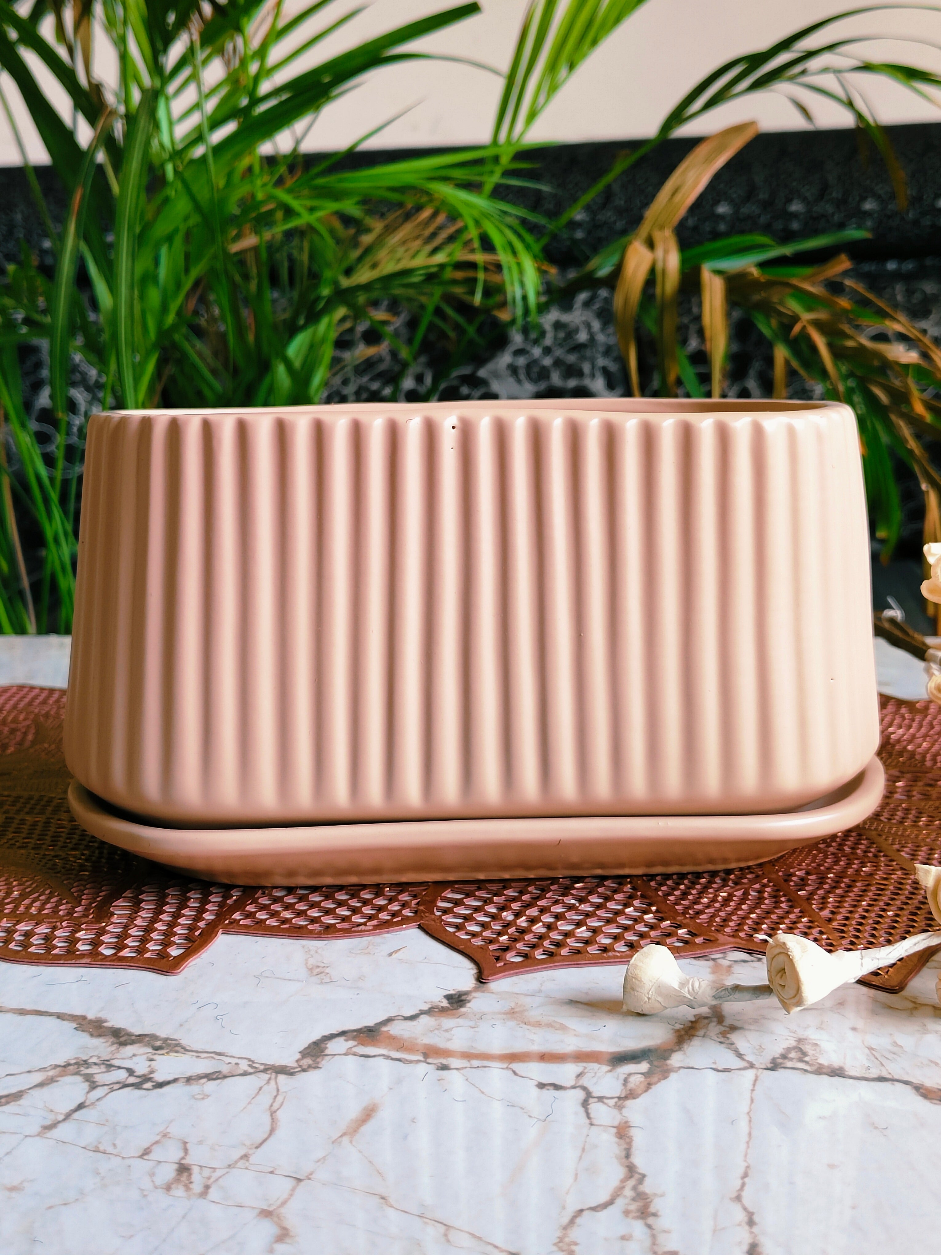 Stripe Design pot (Light Pink with Tray)
