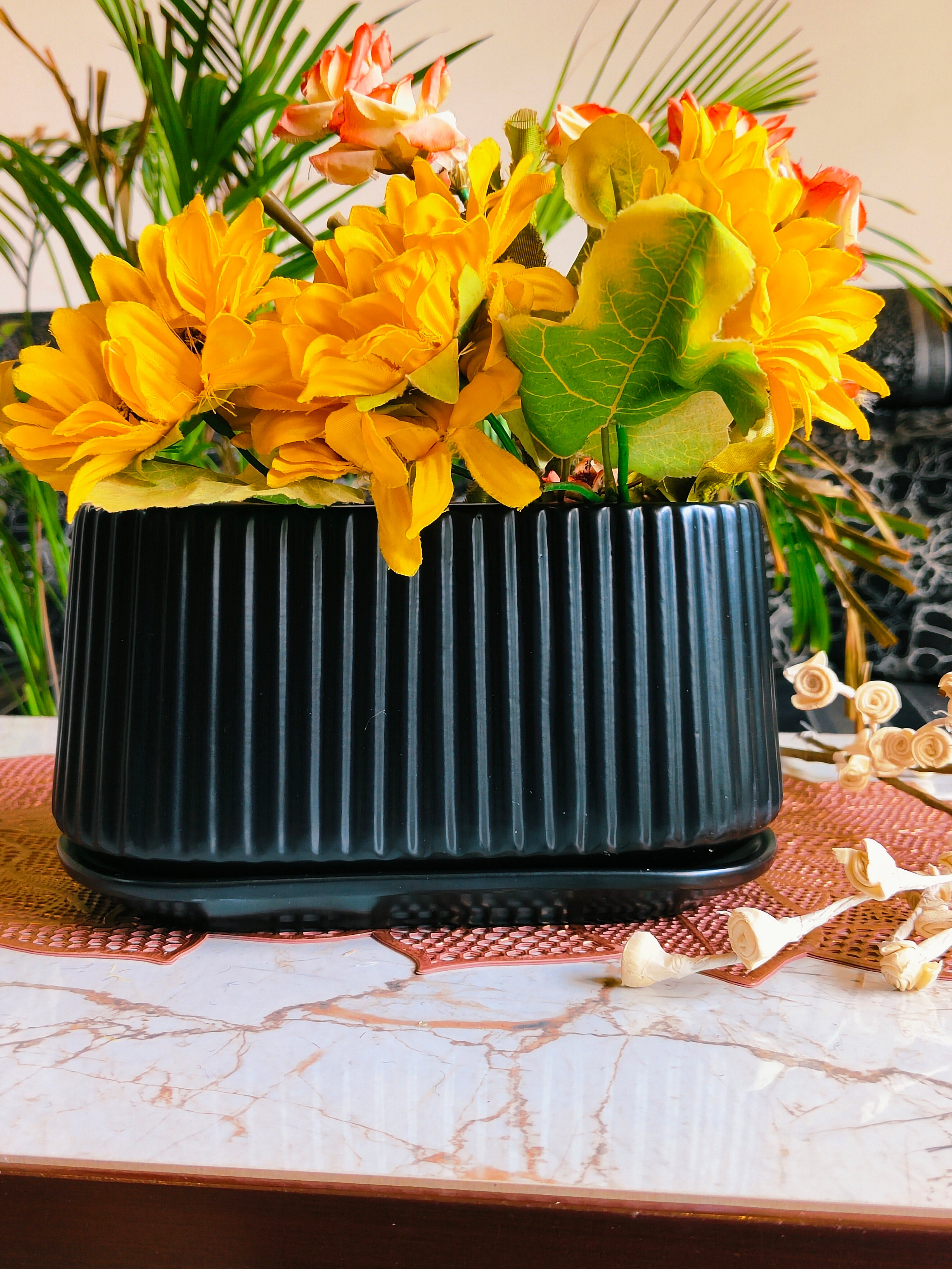 Black Stripe Design pot(Black with Tray)