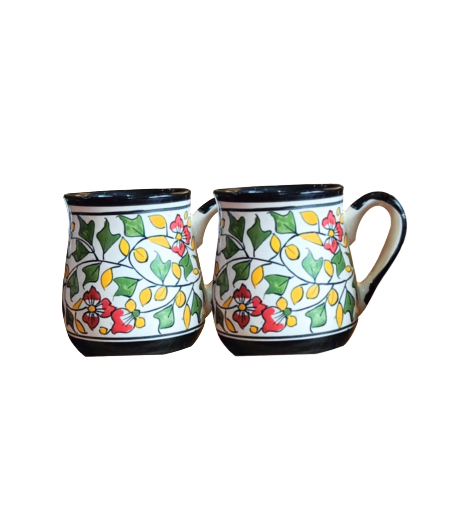 Niyara Stoneware Handmade Premium Ceramic Tea Cups and Coffee Mugs Ceramic Mugs to Gift to Best Friend Microwave Dishwasher Safe - Set of 2, 320ml (Leaf & Flower Design)