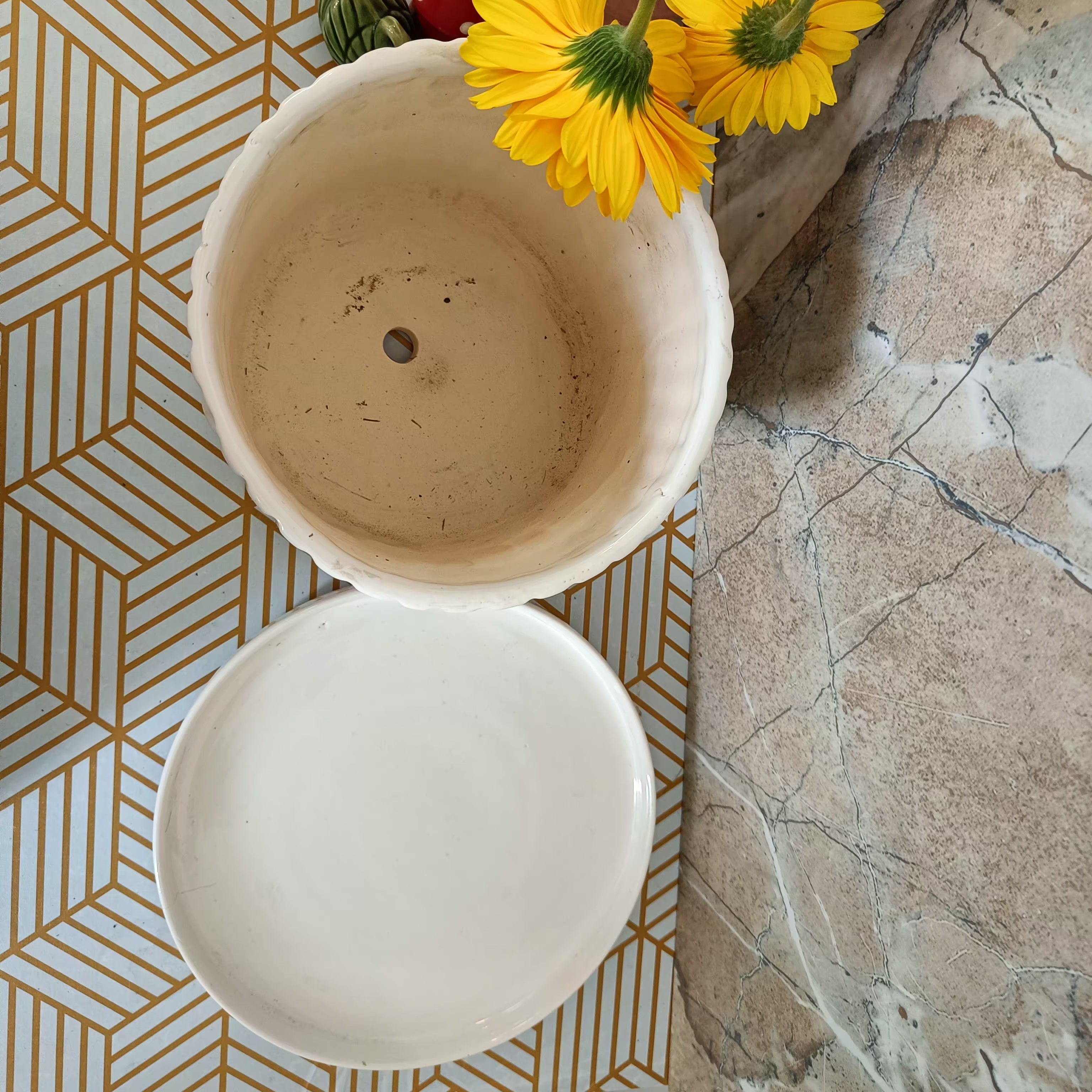 White Stripped pot 8 with Tray