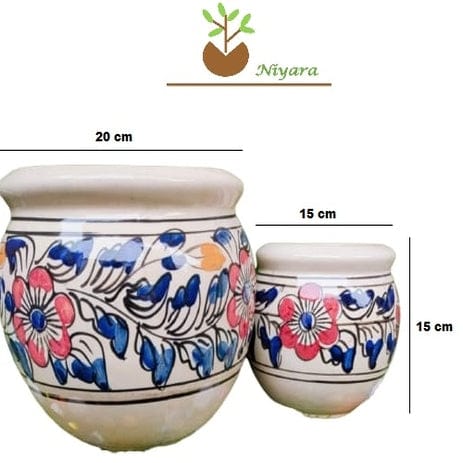 White and Blue Handprinted Planters Pot Set of 2