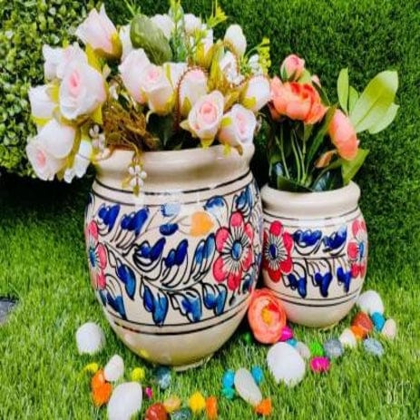 White and Blue Handprinted Planters Pot Set of 2