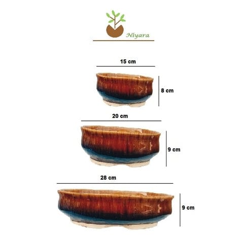 Shiny Bonsai Planters Pot Set Of 3 color-Shiny Brown