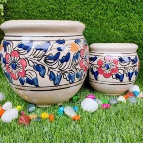 White and Blue Handprinted Planters Pot Set of 2