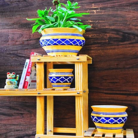 ceramic handi shape shiny handpainted planters pot set of 3 colour-Yellow
