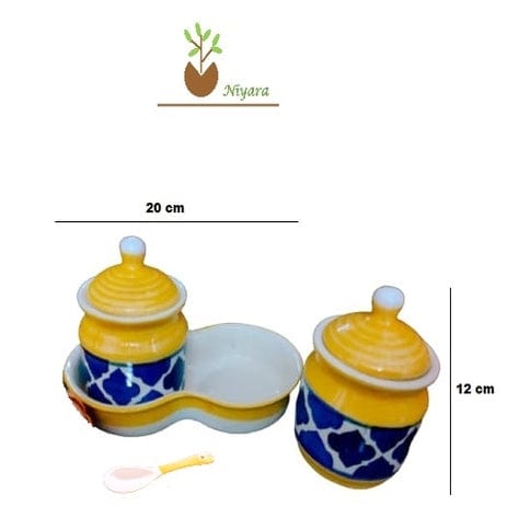 Ceramic Handpainted Multipurpose Storage Ceramic Jars & Containers with Lid ,Tray (Yellow& Blue)