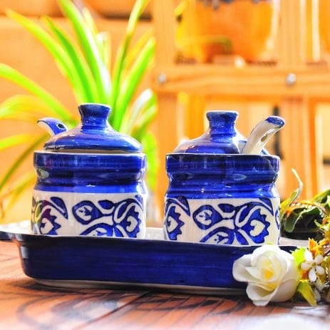 Ceramic Handpainted Multipurpose Storage Ceramic Jars & Containers with Lid ,Tray ( Blue)