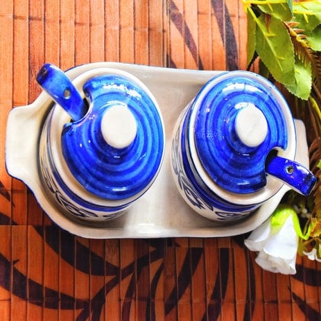 Ceramic Handpainted Multipurpose Storage Ceramic Jars & Containers with Lid ,Tray ( Blue)