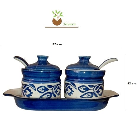 Ceramic Handpainted Multipurpose Storage Ceramic Jars & Containers with Lid ,Tray ( Blue)
