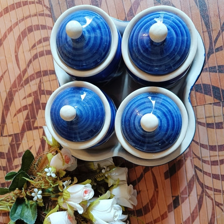 Shibori Printed pickle /Jars with Lid & tray Set of 4